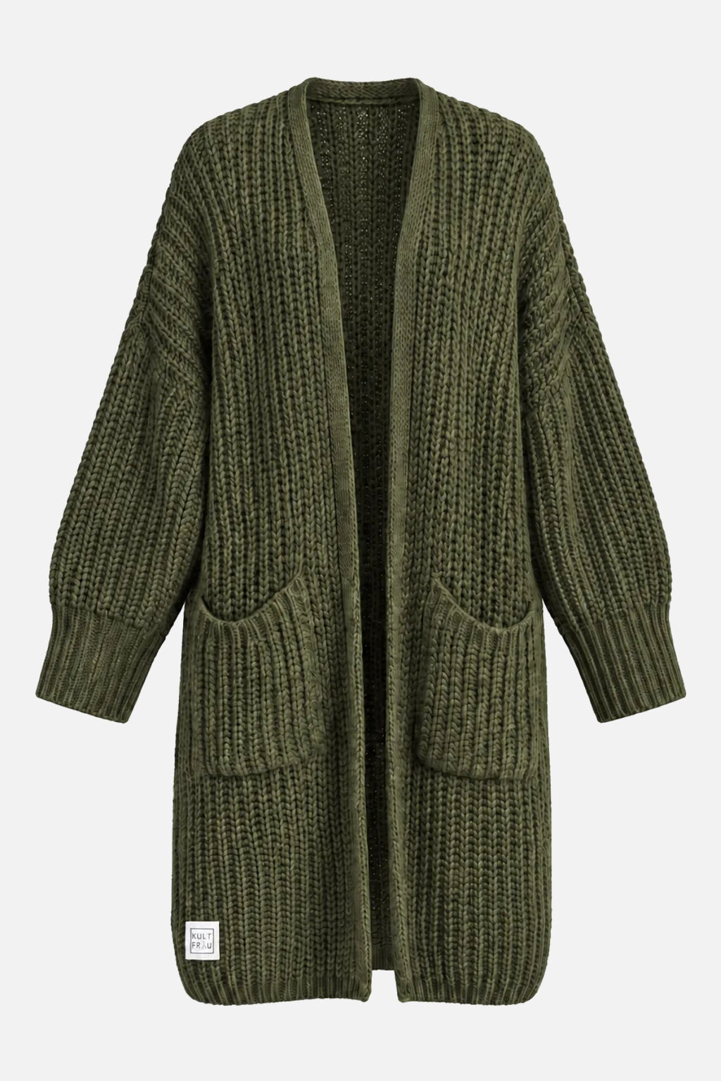 LOLLYTA Strickcardigan Guacamole mit aufgesetzten Taschen und KULTFRAU-Label - Freisteller