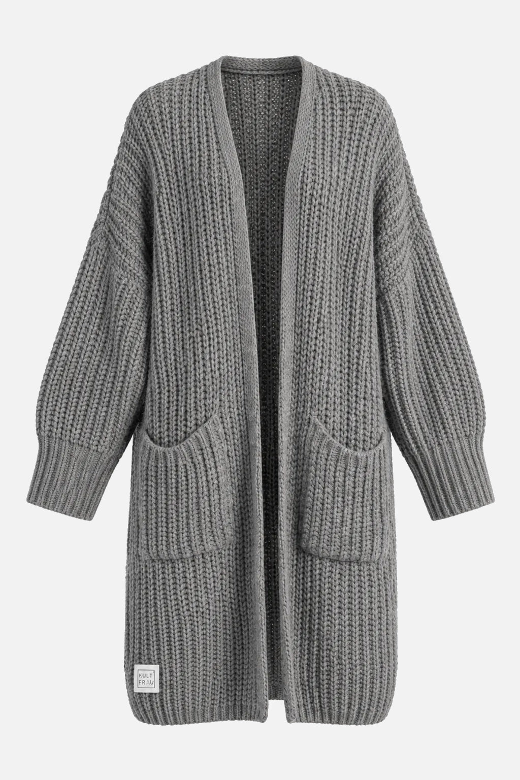 LOLLYTA Strickcardigan Middle Grey mit aufgesetzten Taschen und KULTFRAU-Label - Freisteller