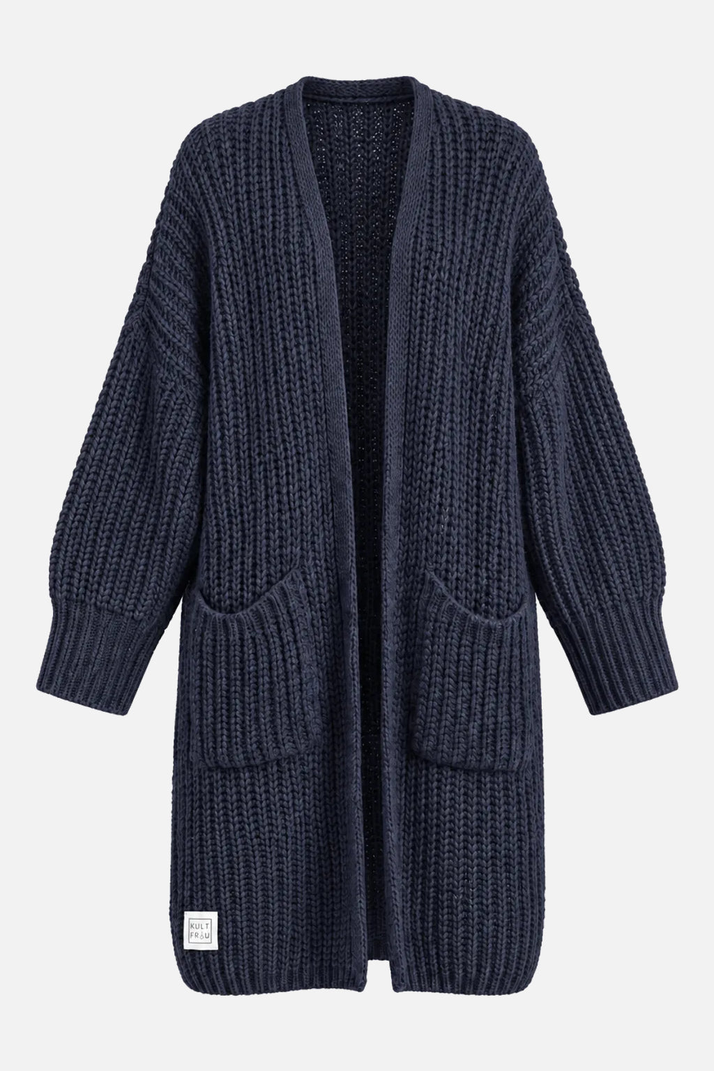 LOLLYTA Strickcardigan Navy mit aufgesetzten Taschen und KULTFRAU-Label - Freisteller