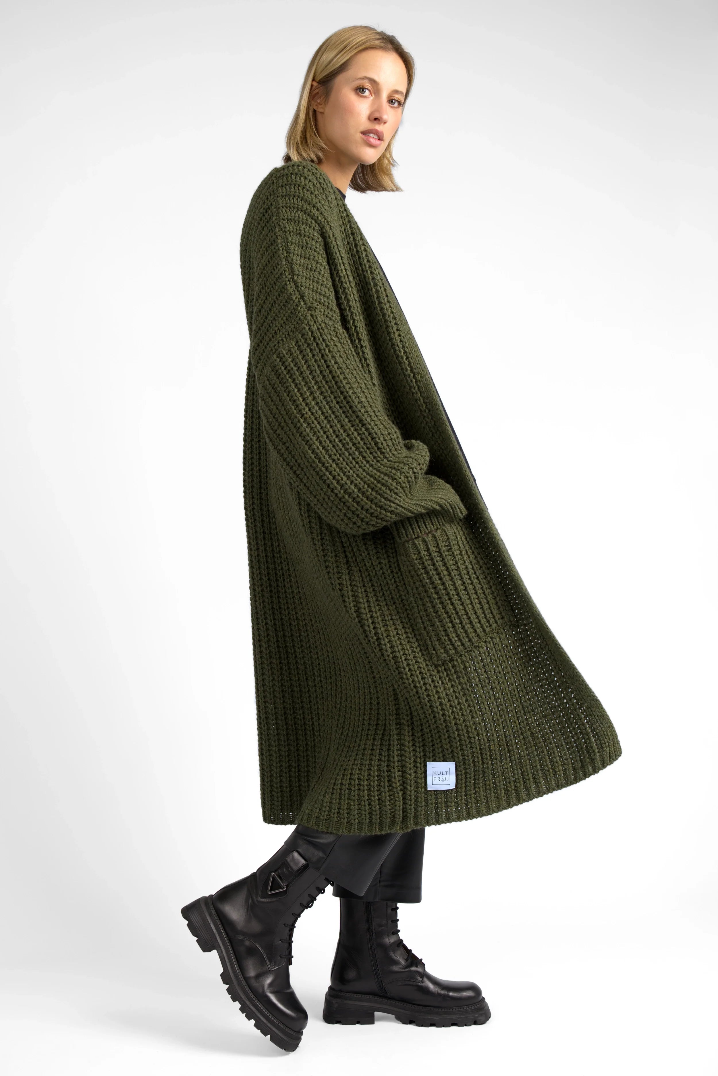 Damen oversized LOLLYTA Strickcardigan offen, lang, mit aufgesetzten Taschen, grob gestrickt, grün