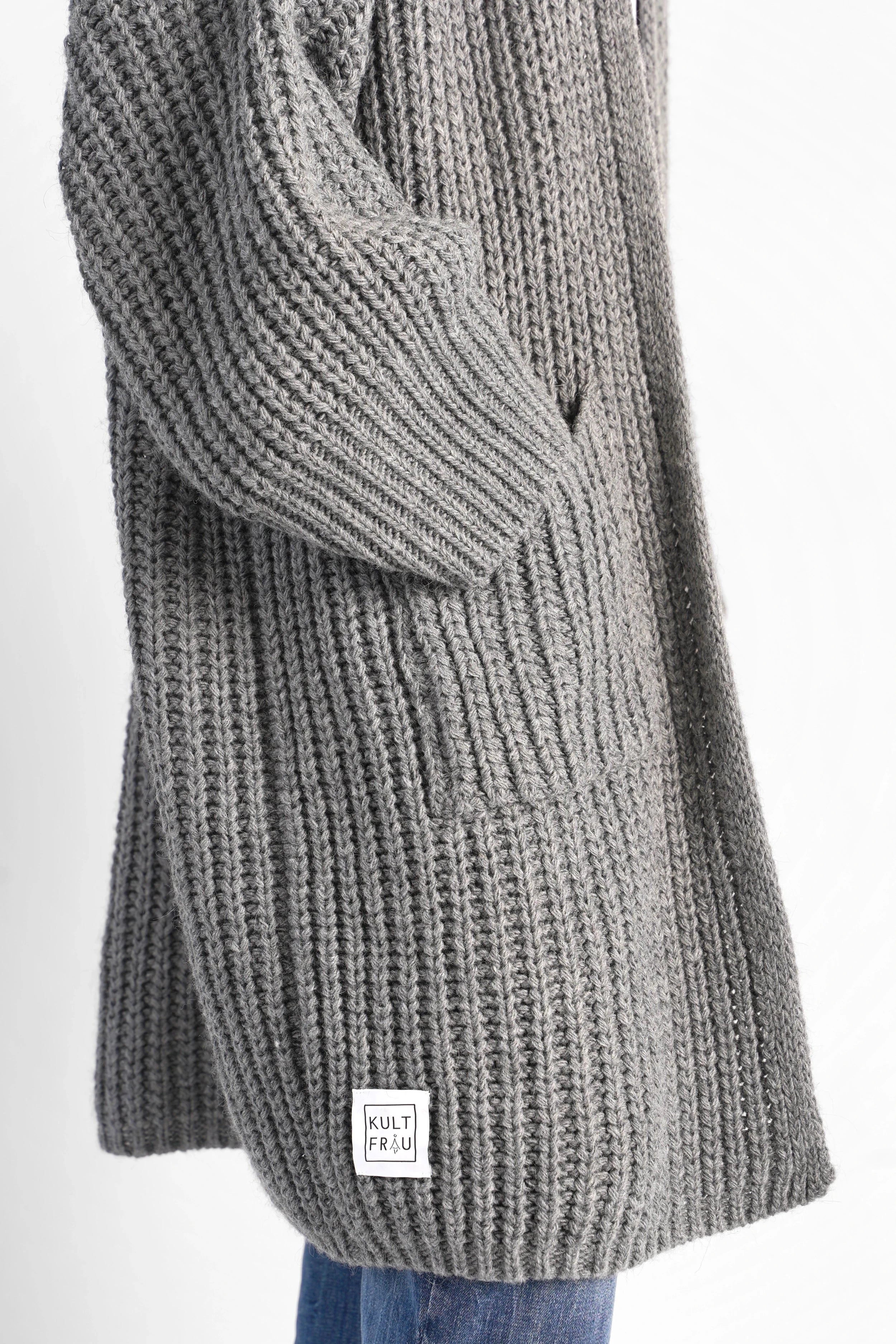 LOLLYTA Strickcardigan grauer Oversize Cardigan offen mit aufgesetzten Taschen und umschlagbaren Ärmeln