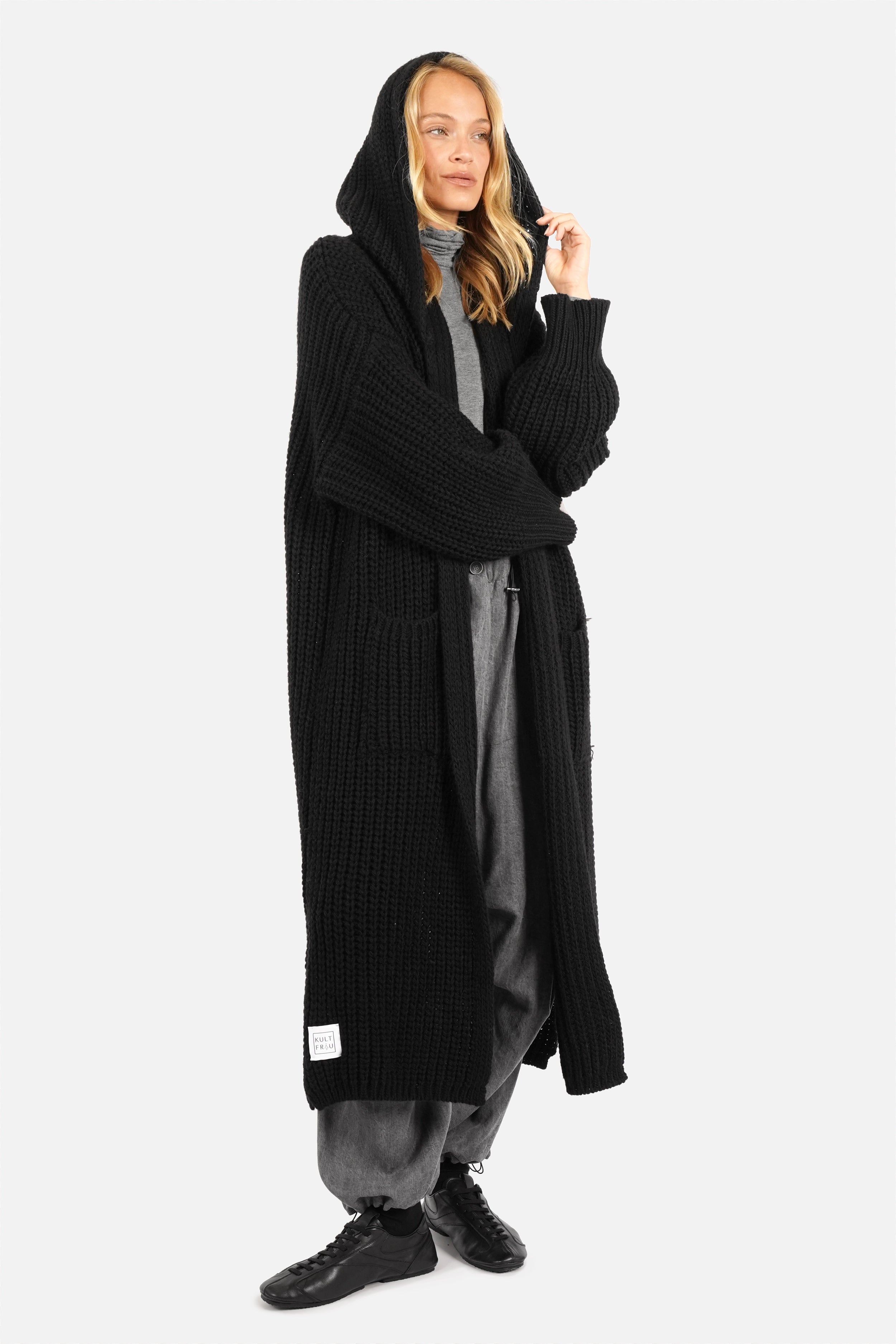 LOVITA Maxi cardigan oversize en maille à capuche