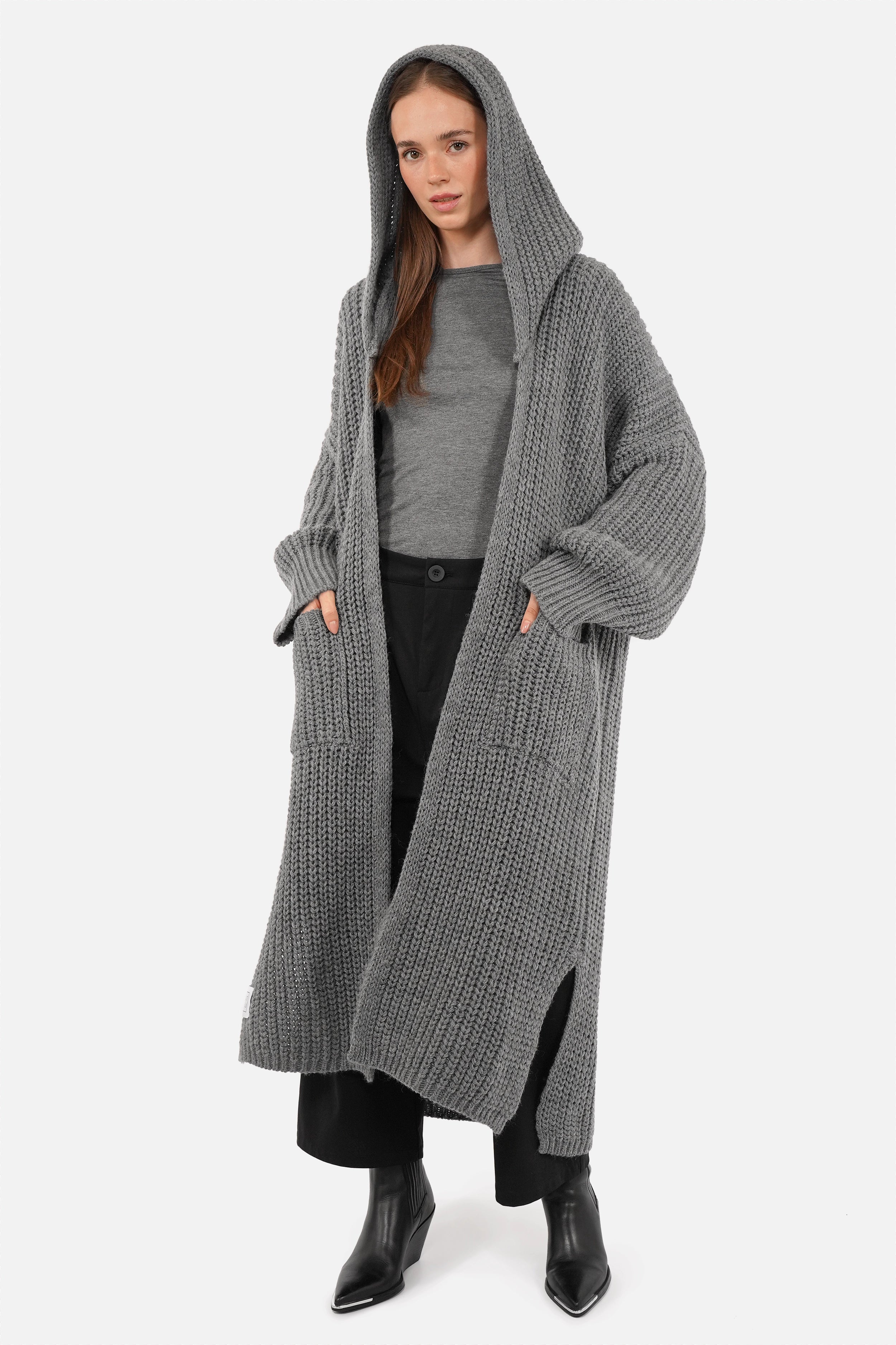 LOVITA oversized maxi knit cardigan with hood