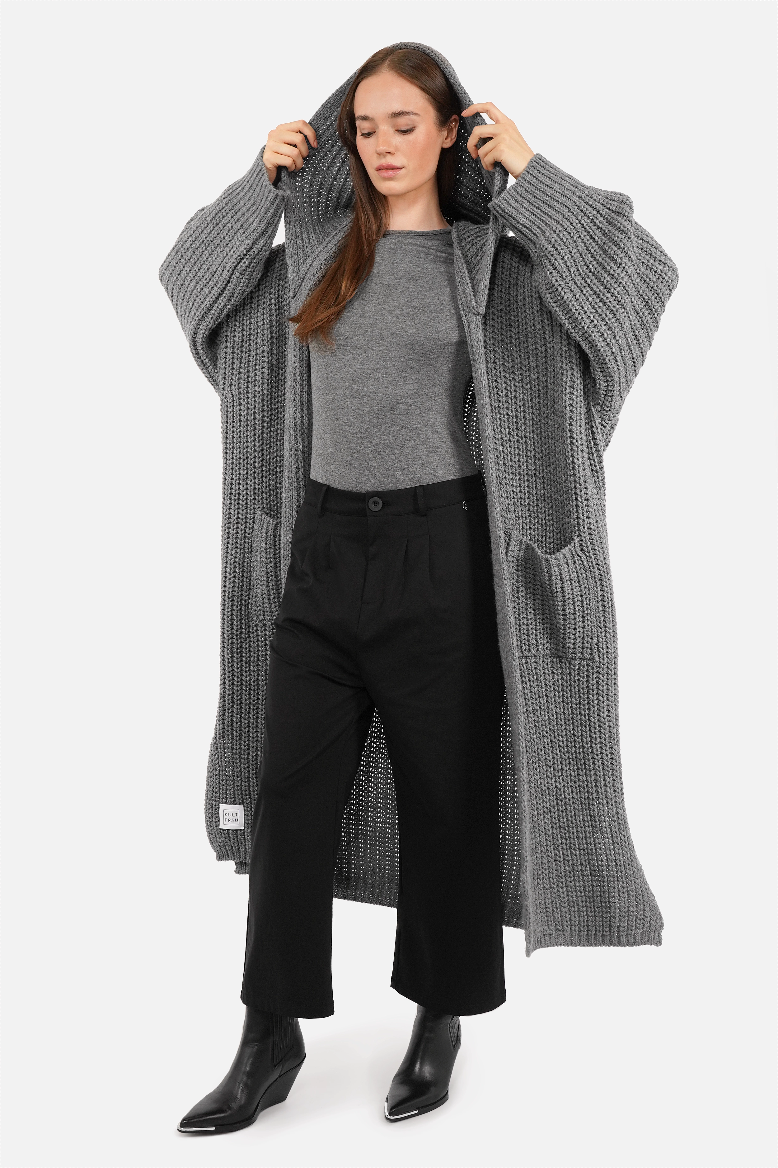 LOVITA oversized maxi knit cardigan with hood