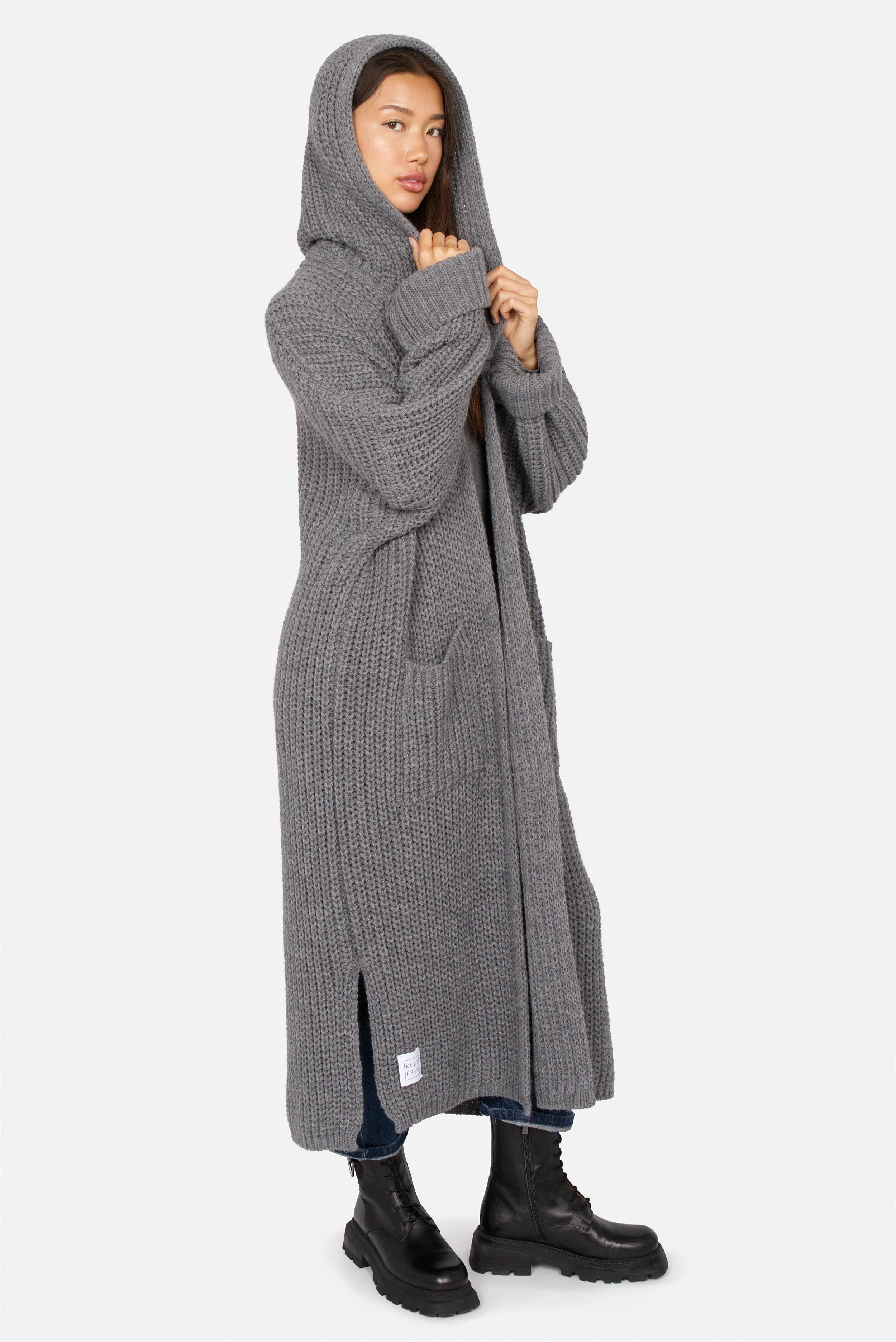 LOVITA oversized maxi knit cardigan with hood
