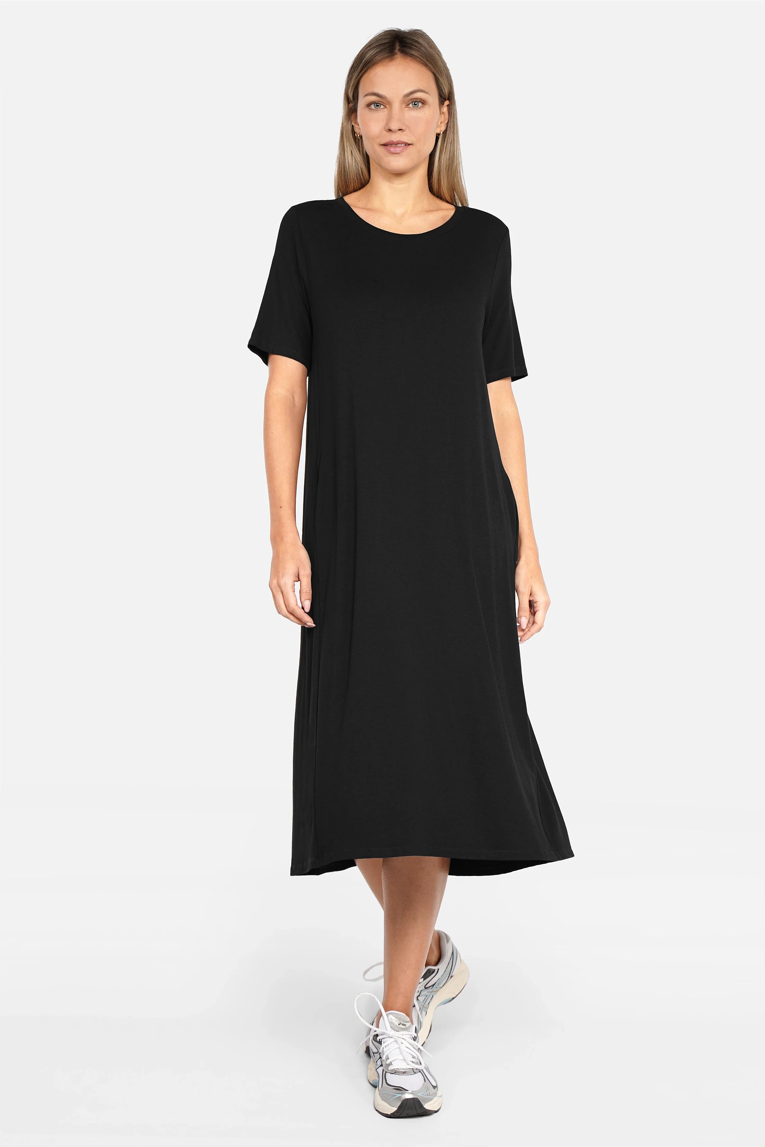 LYLLDA Midi Kleid A-Linienform mit Rundhalsausschnitt und seitlichen Taschen aus weich fließender Viskose