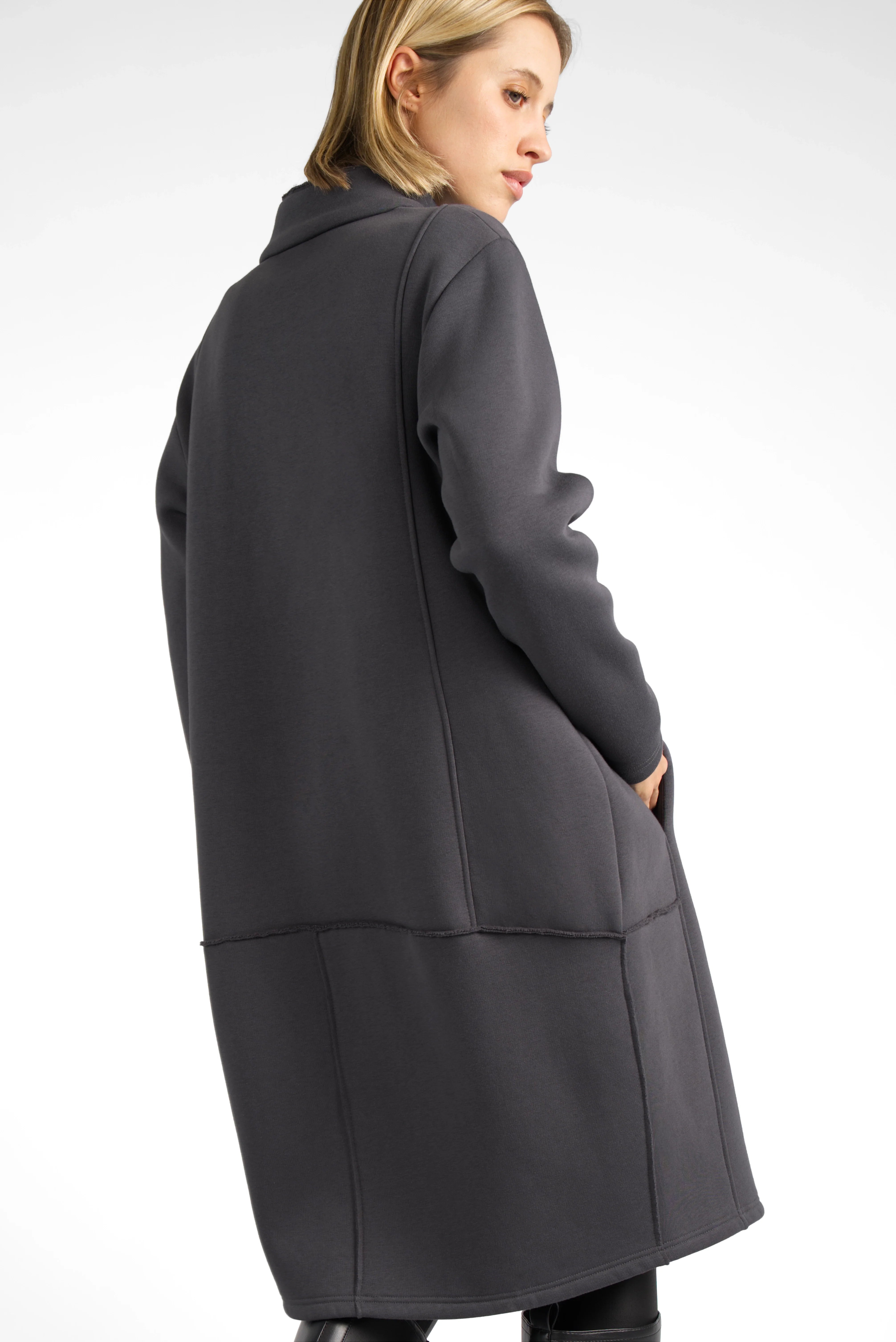 Woman wearing grey MANEY Sweatmantel with hidden button placket and brushed jersey interior, back view
