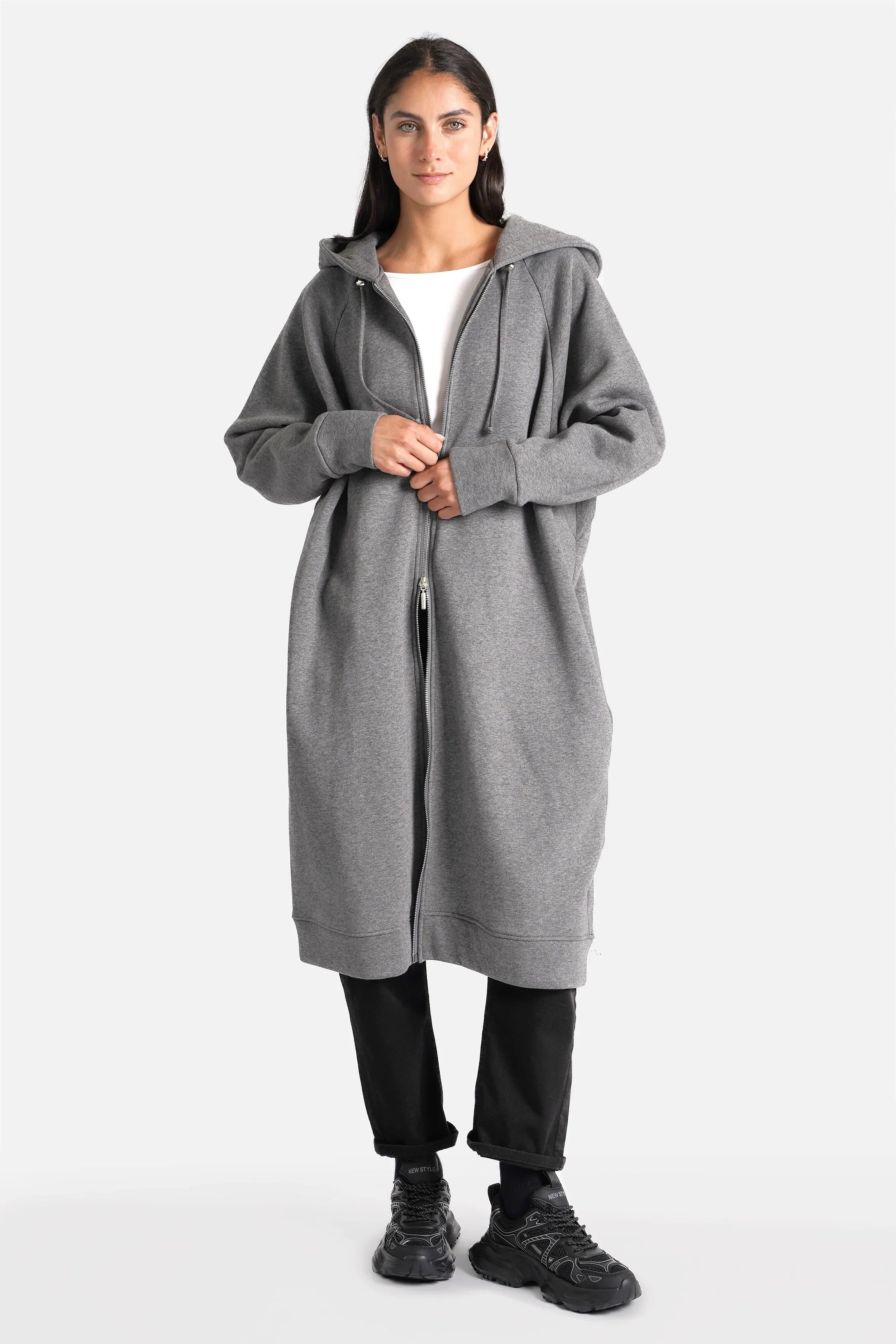 Oversized Longzip-Hoodie mit Zweiweg-Reißverschluss und aufgenähtem Logo-Patch aus weichem Baumwoll-Sweat