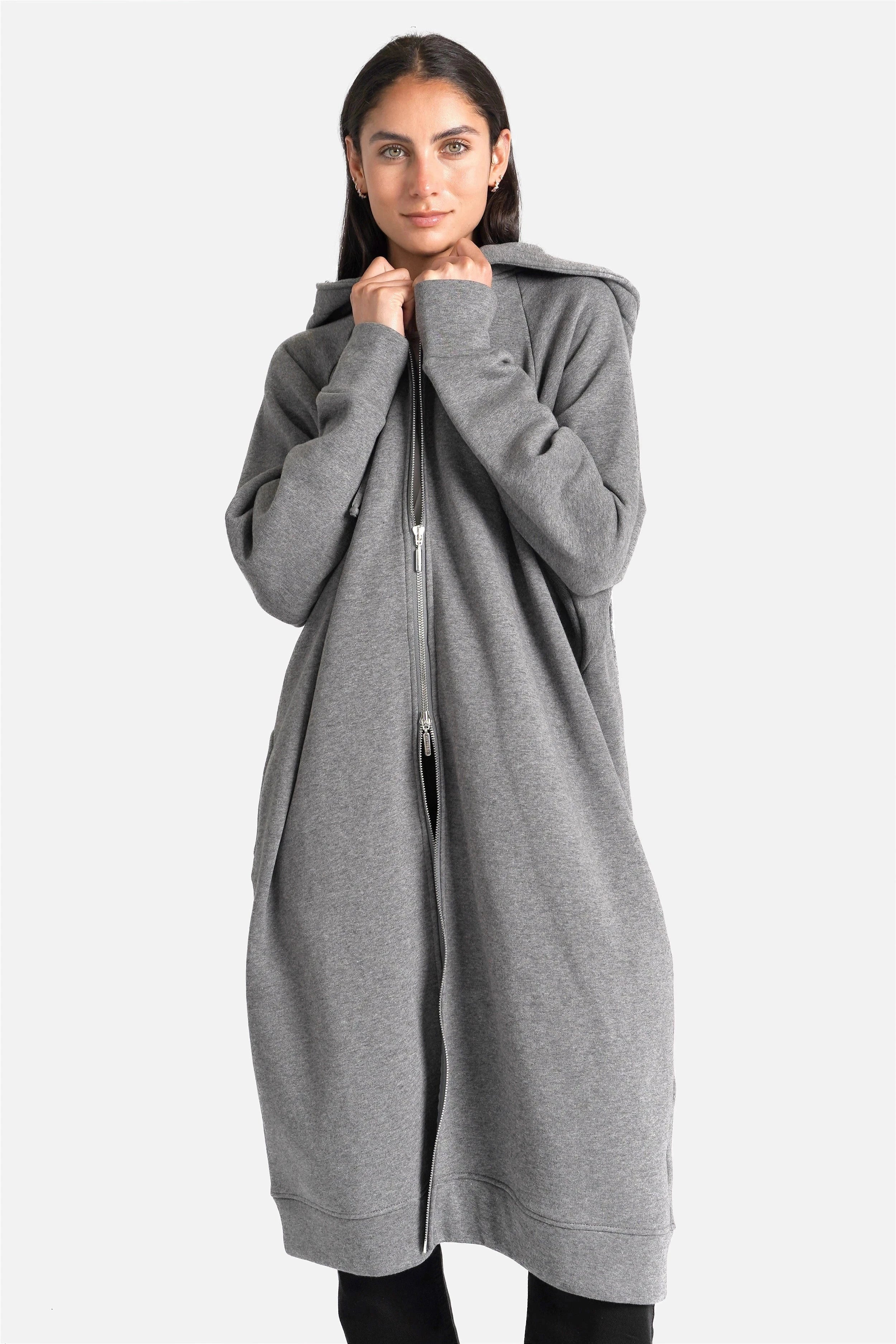 Oversized Longzip-Hoodie aus Baumwoll-Sweat mit Kapuze, Zweiweg-Zipper und Logo-Patch