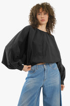 Crinkle Bluse mit Ballonärmeln und Knopfdetails in Baumwoll-Mix
