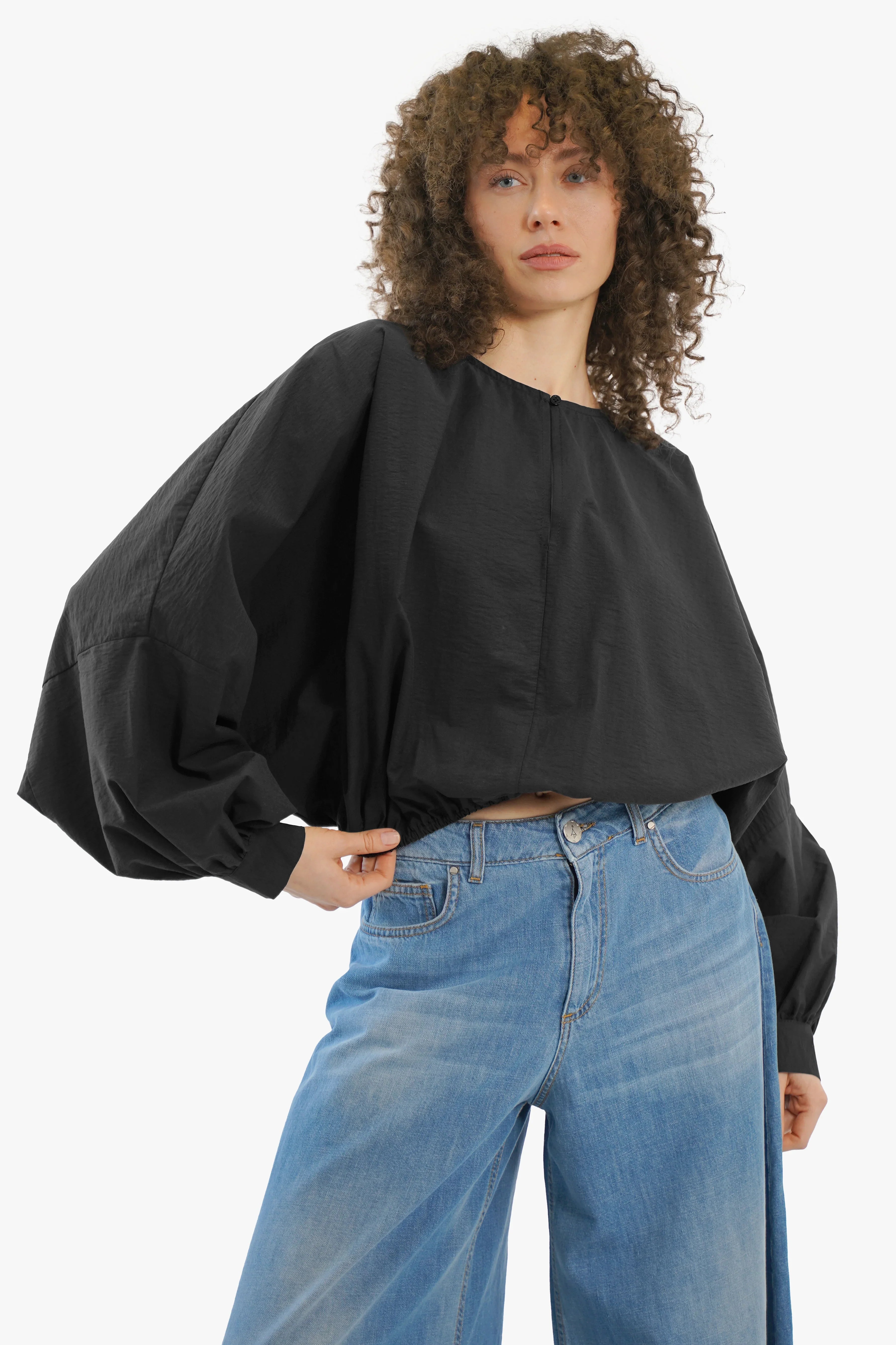 Crinkle Bluse mit Ballonärmeln und Knopfdetails in Baumwoll-Mix