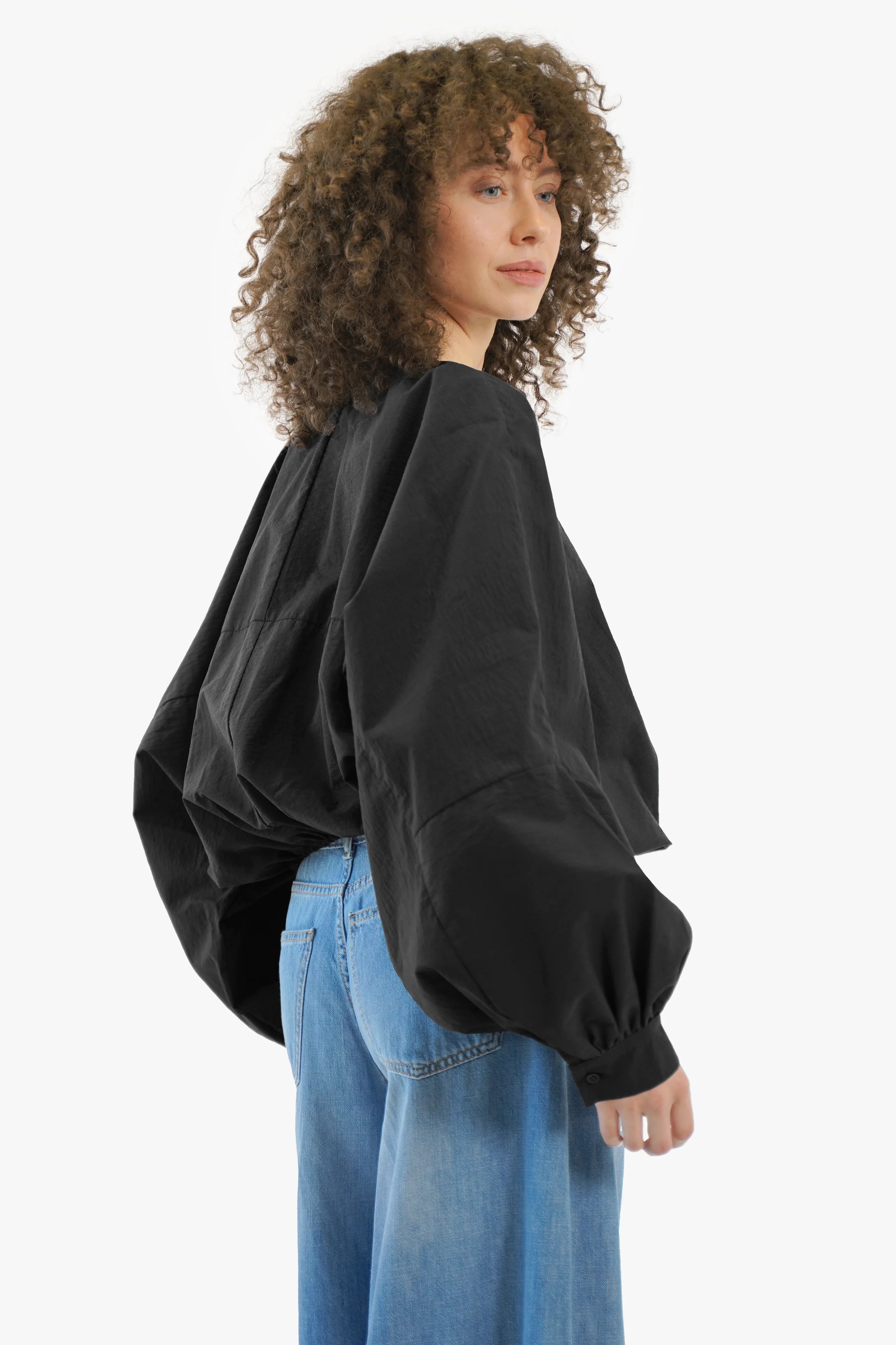 Damen Crinkle Bluse mit Ballonärmeln und Rundhalsausschnitt aus Baumwoll-Mix