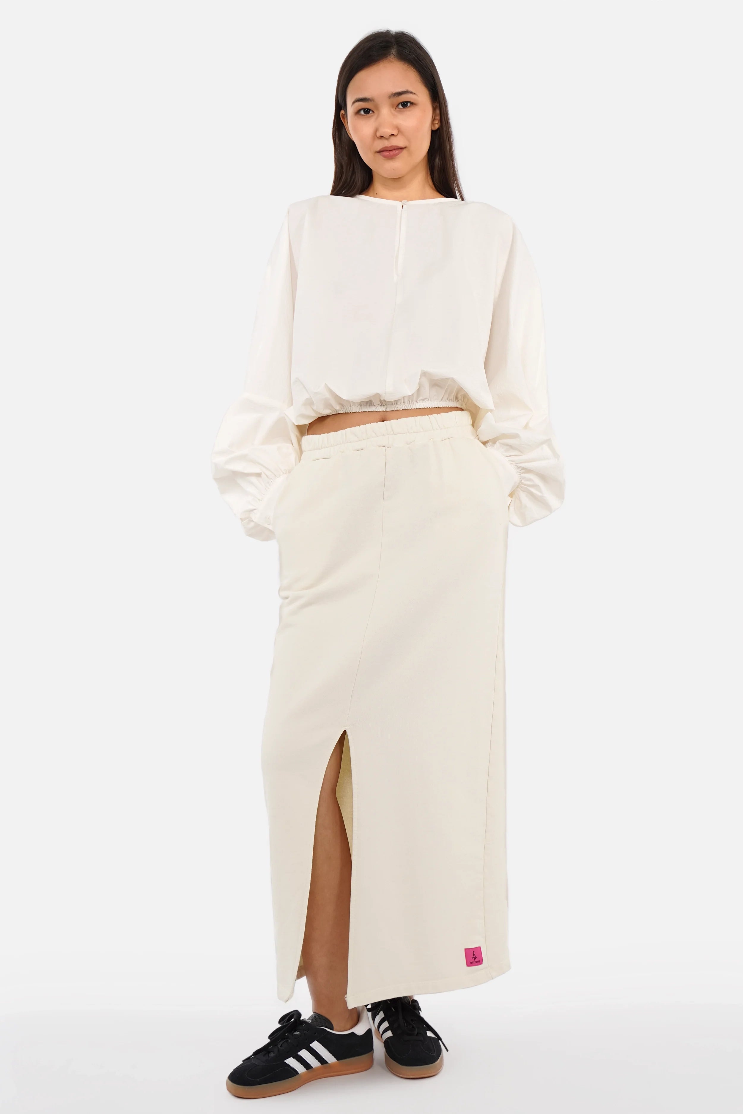 Damen Crinkle Bluse mit Ballonärmeln und Rundhalsausschnitt aus Baumwoll-Mix