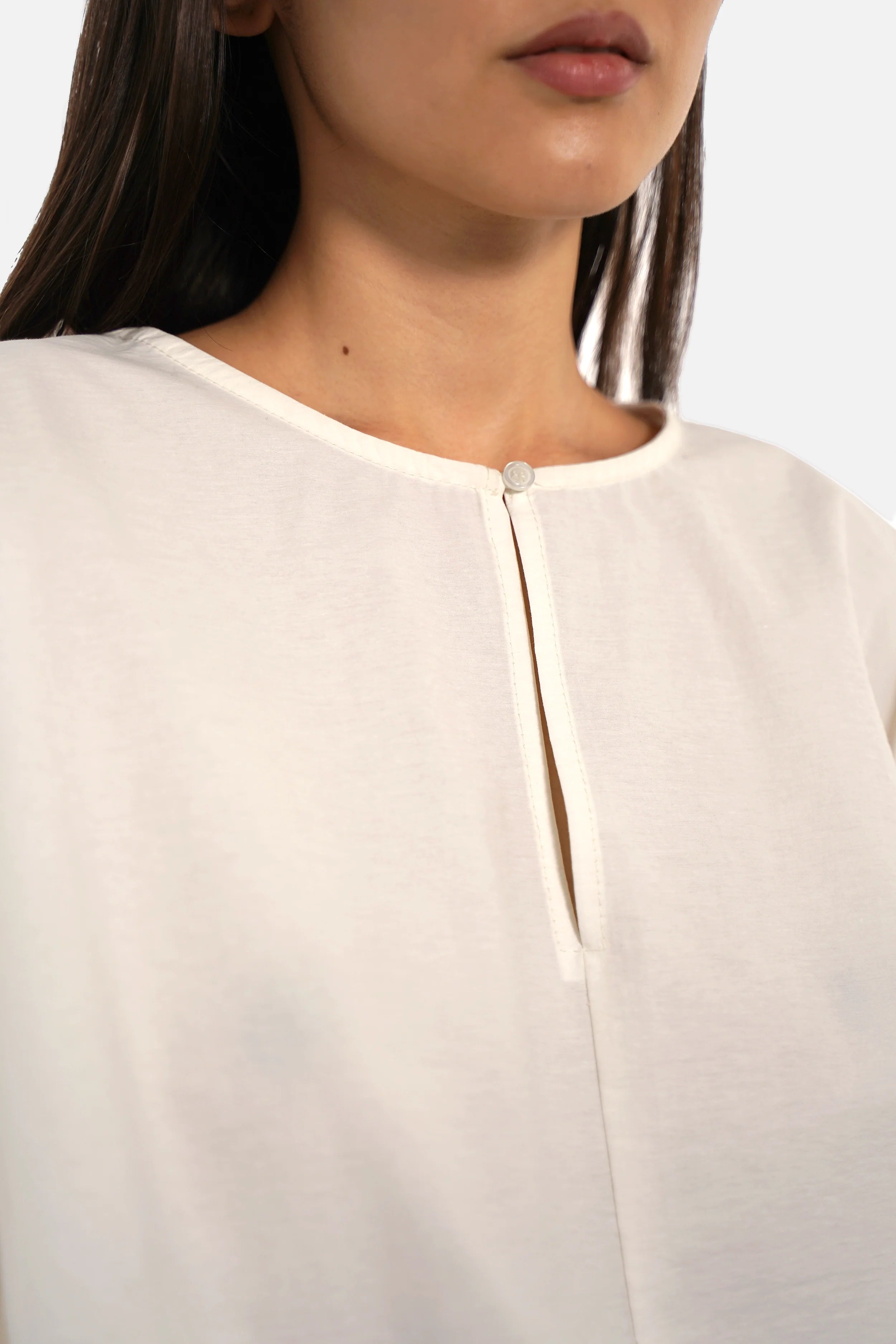 MILLIE Crinkle Bluse mit Fledermaus Ballonärmeln und Rundhalsausschnitt in Baumwoll-Mix