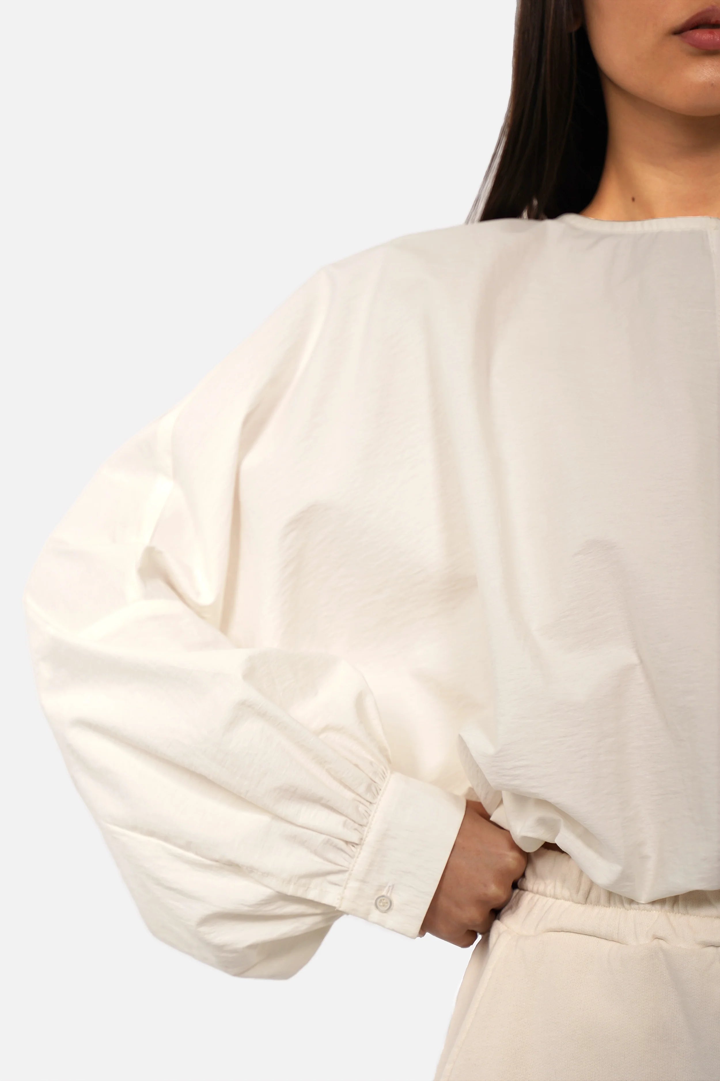 Crinkle Bluse mit Ballonärmeln und rundem Ausschnitt aus Baumwoll-Mix