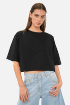 MINAI T-Shirt mit Backprint aus Heavy-Cotton, Rundhalsausschnitt, cropped, loose fit, überschnittene Schultern