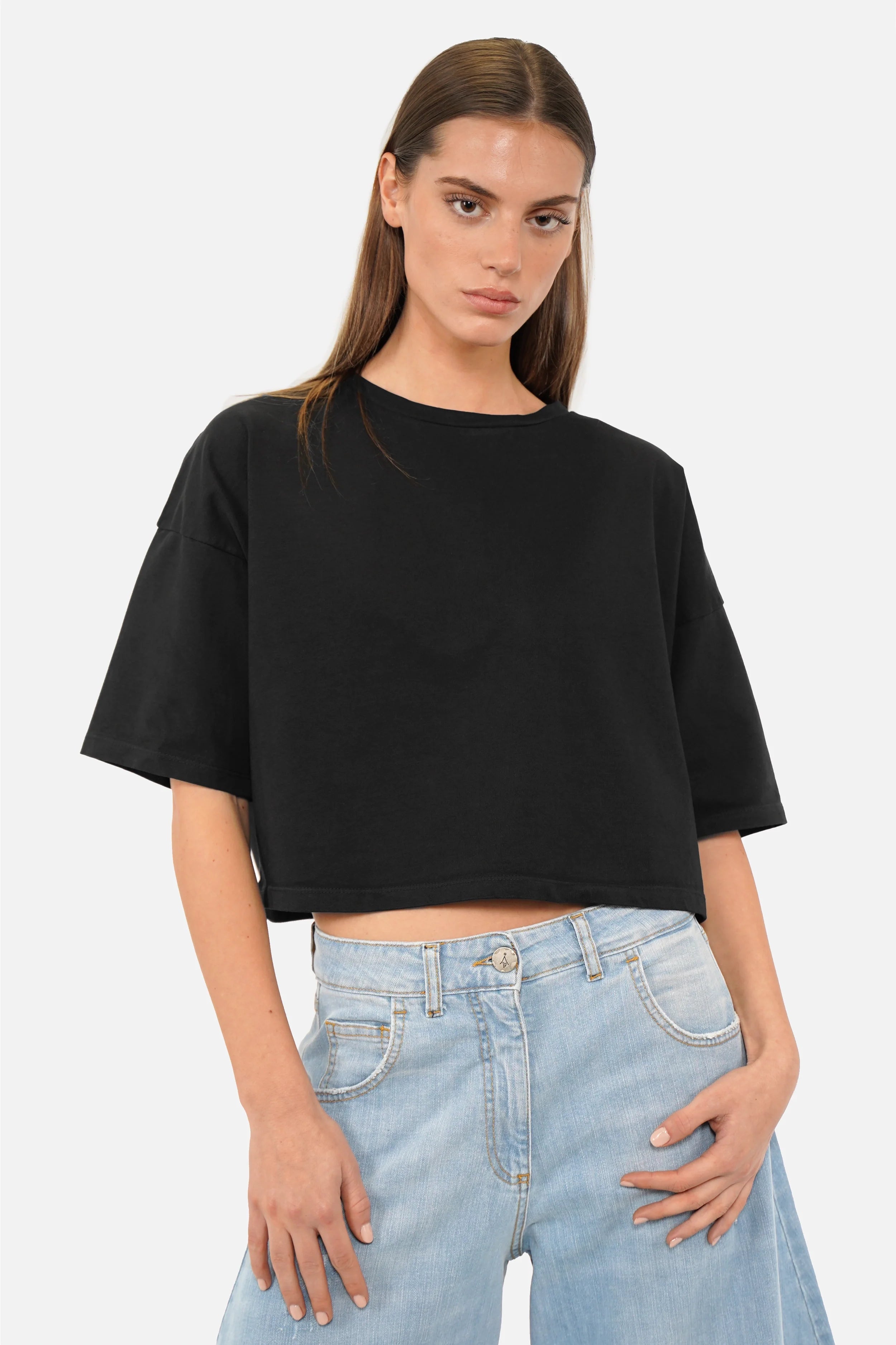 MINAI T-Shirt mit Backprint aus Heavy-Cotton, Rundhalsausschnitt, cropped, loose fit, überschnittene Schultern