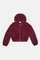 dunkelroter Zip-Hoodie mit samtig weicher Effektgarn-Struktur und Kapuze