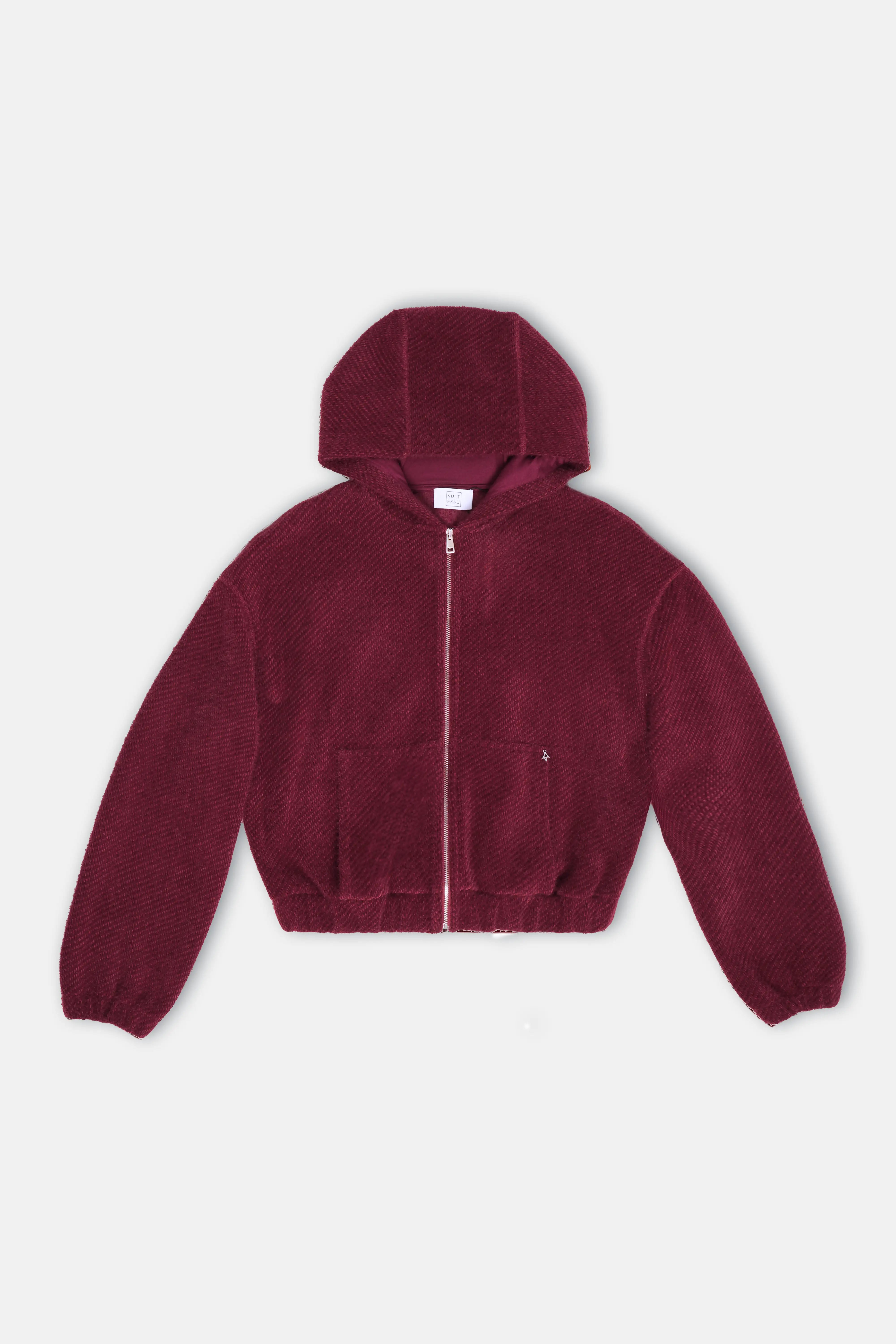 dunkelroter Zip-Hoodie mit samtig weicher Effektgarn-Struktur und Kapuze
