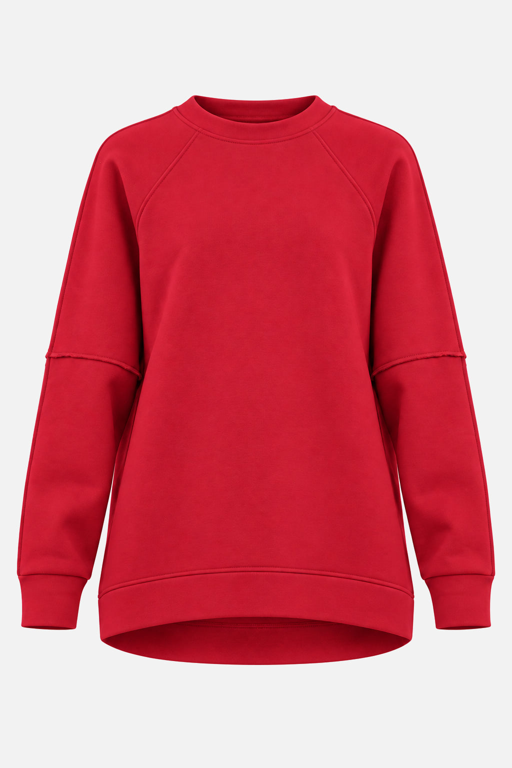 NAIRA Sweater in Karminrot als Freisteller mit Raglanärmeln und offenen Teilungsnähten