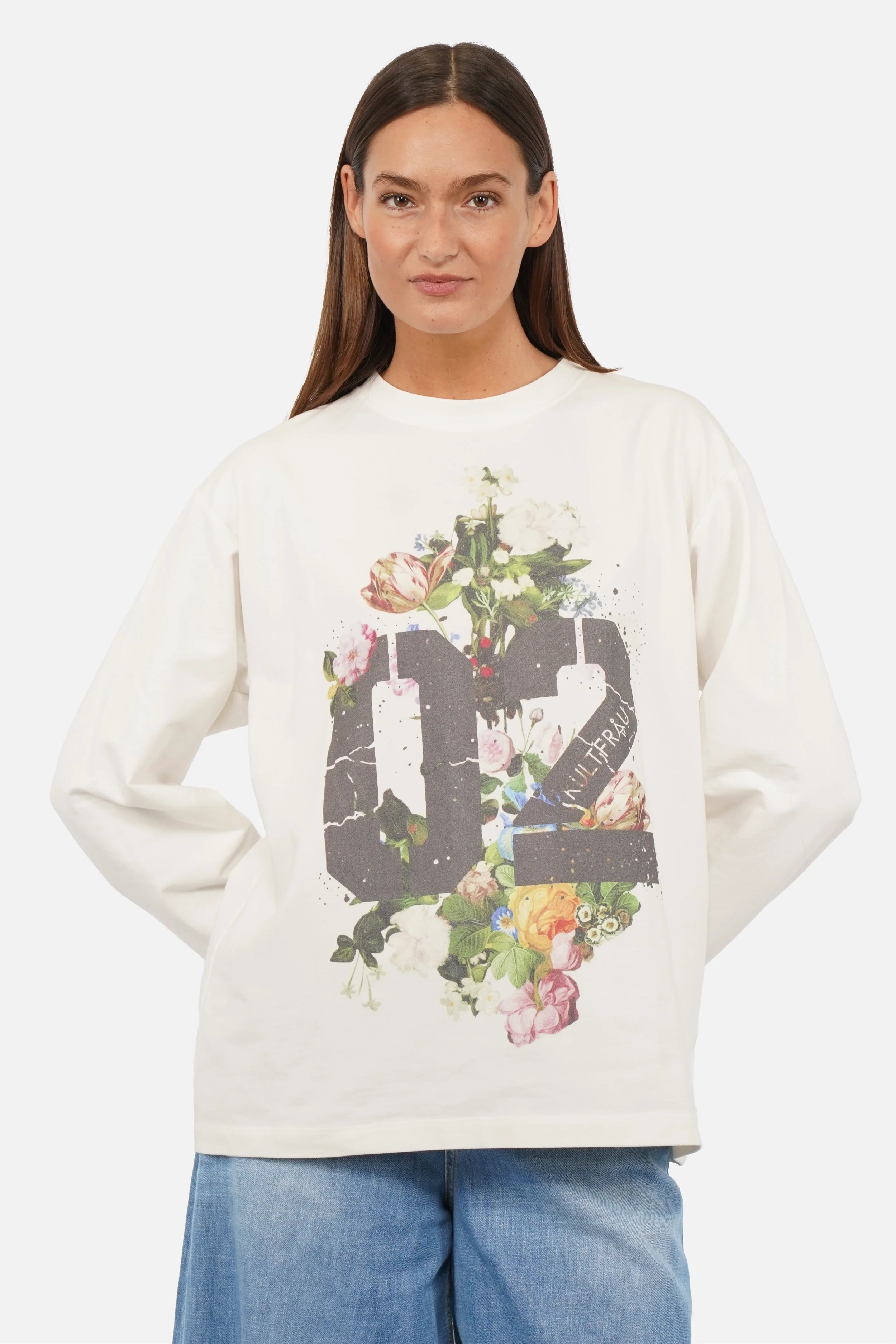 NIESKA Sweater mit floralem Print aus weichem Baumwolljersey, Rundhalsausschnitt und überschnittenen Schultern