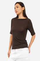 ROVIN T-Shirt aus weichem Viskose-Kaschmir-Mix mit U-Boot Ausschnitt und halblangen Ärmeln, schmale Passform