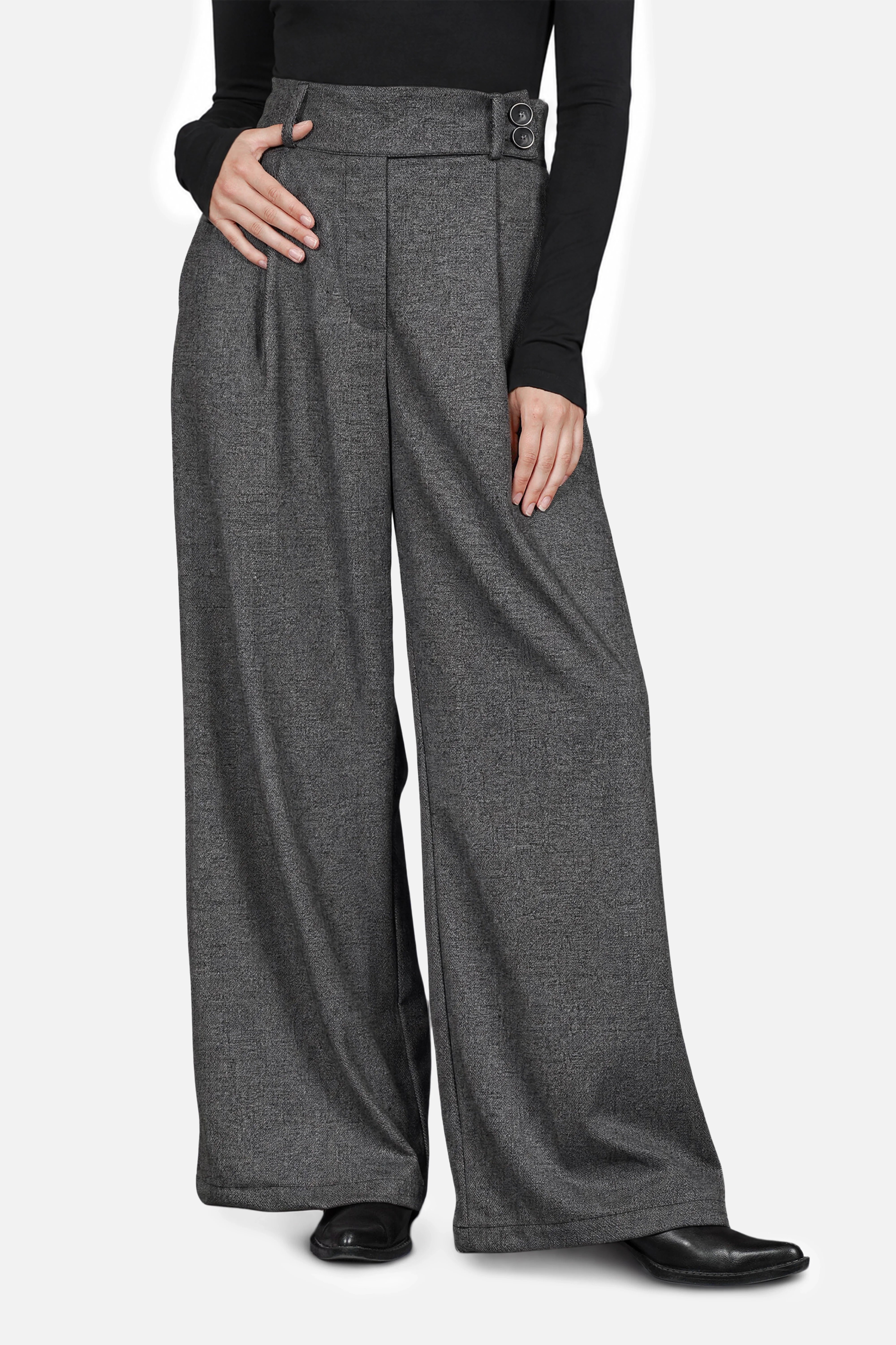 Damen High Waist Marlenehose mit Fischgratmuster und weitem Bein