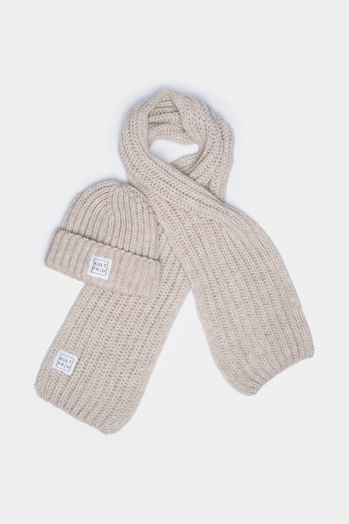 SCARFY gebreide sjaal; grof ribbreisel, zachte wolmix, beige, lang model