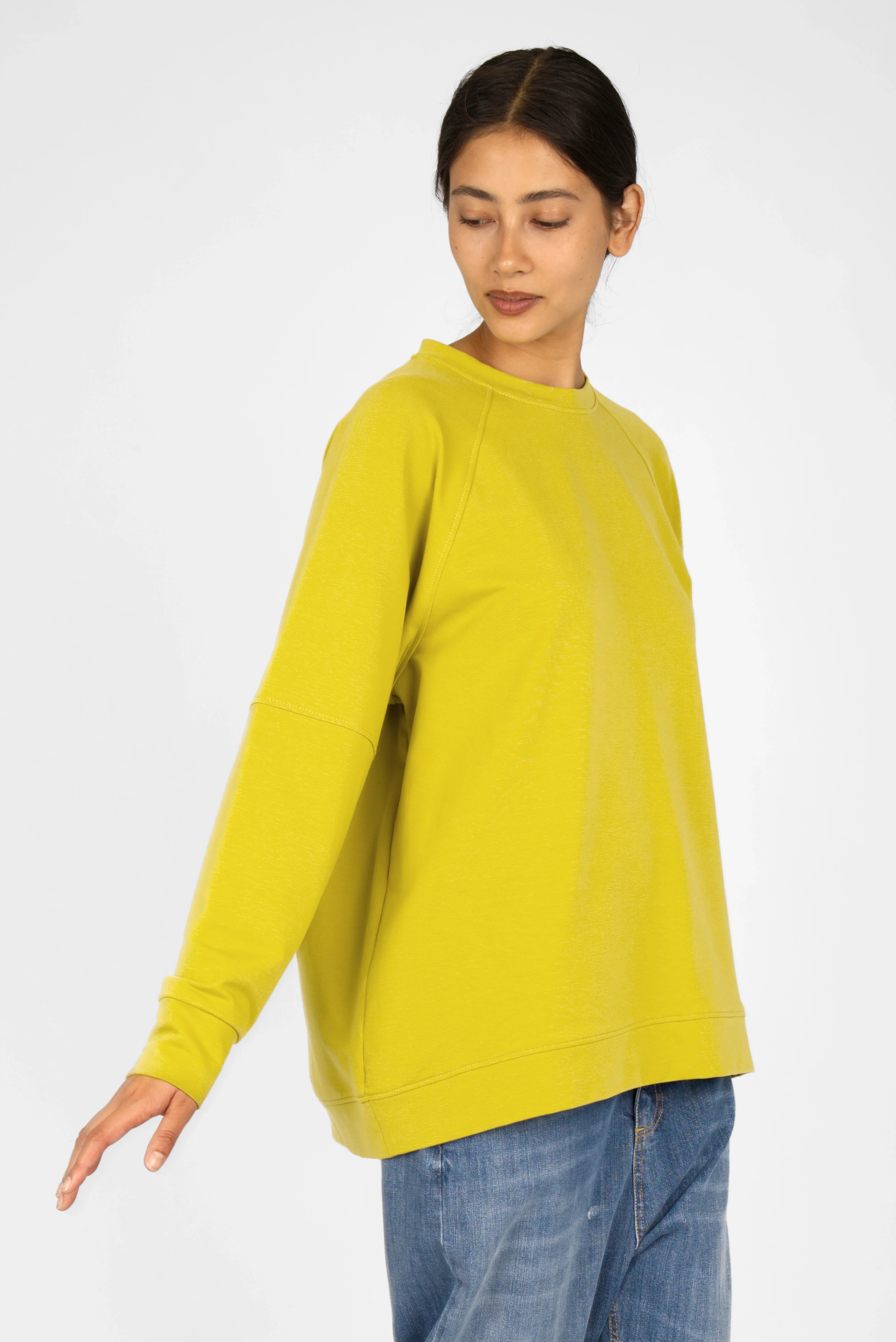 Yellow SELKA Sweater with A-line shape, raglan sleeves, rounded hem longer at the back, and tonal logo embroidery.