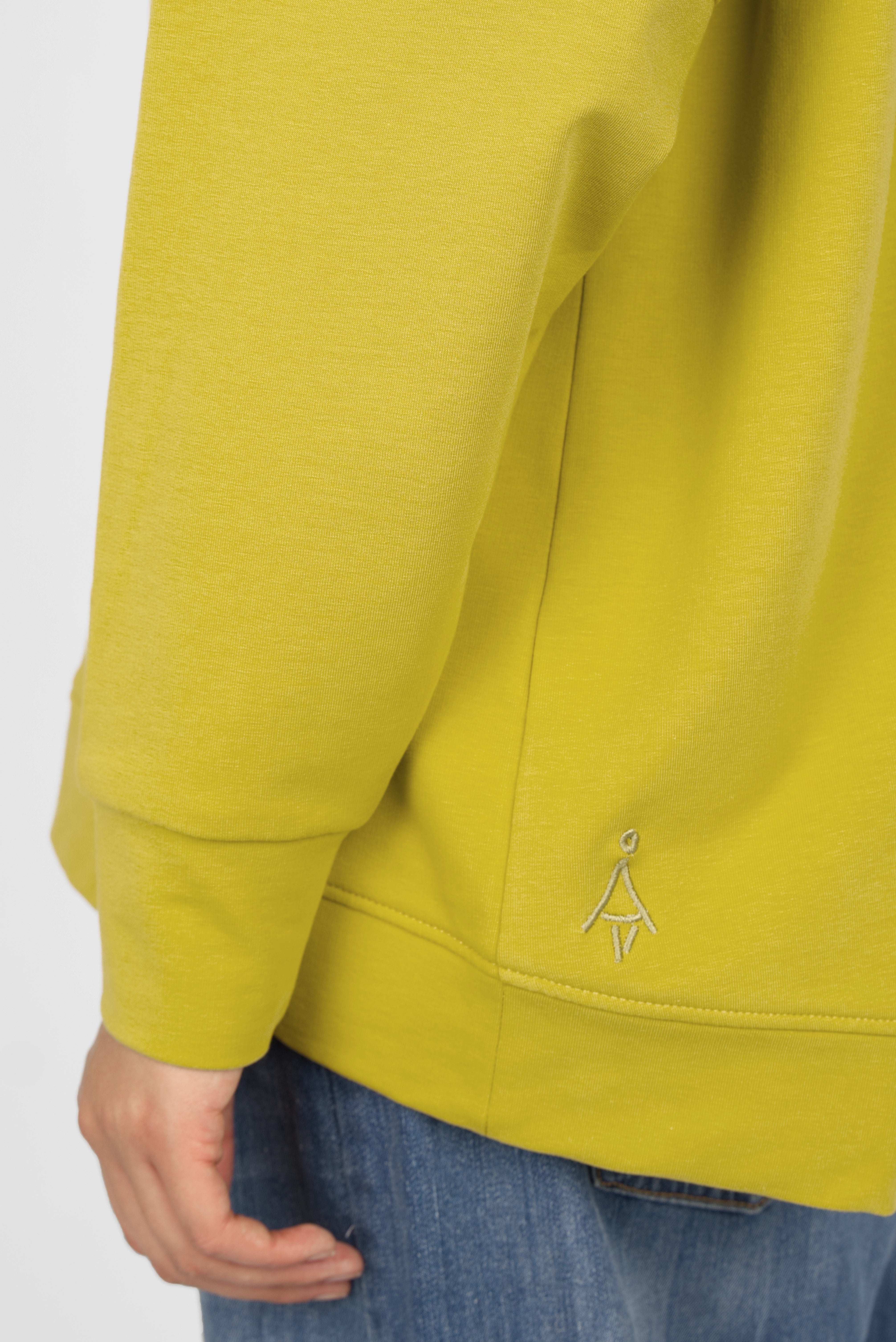 SELKA Sweater in yellow with raglan sleeves, tonal logo embroidery, wide cuffs, and relaxed A-line fit