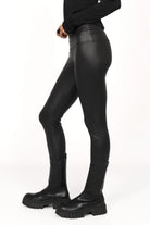 Black SIMPI Leggings in stretch eco-leather with a wide elastic waistband and long slim fit legs.