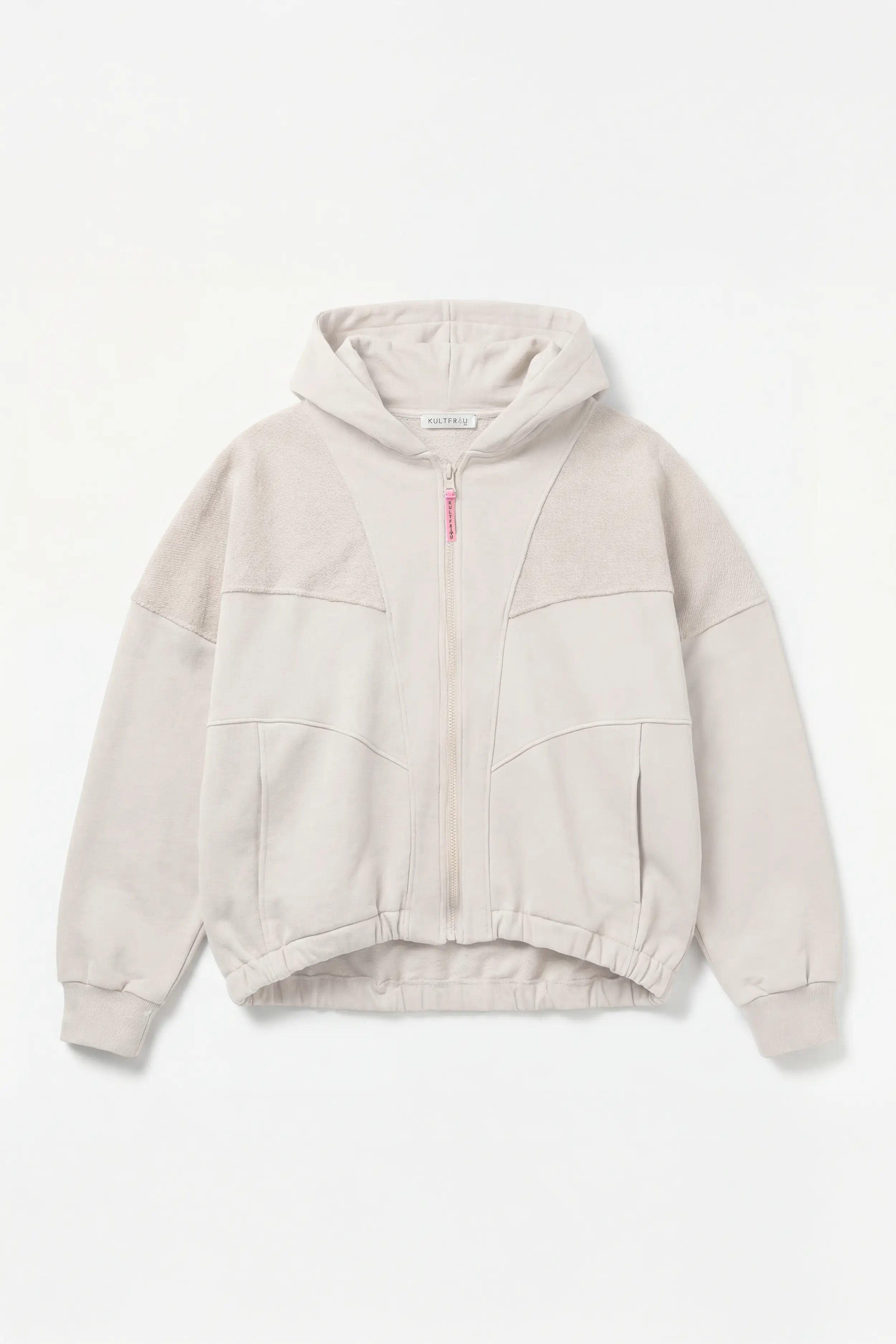 Oversized Zip-Hoodie mit markanter Panel-Optik und pinkem KULTFRAU Logo-Zipper