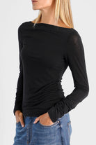 SUJIN Longsleeve black slim fit cashmere blend with ruched sleeves and boat neckline