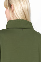 Back view of olive green SYNNI Kleid dress with loose standing collar made of compact viscose jersey