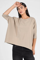 Beige TAMI.K Blusenshirt in weiter Kastenform mit Rundhals und 3/4-Ärmeln aus hochwertiger Baumwolle