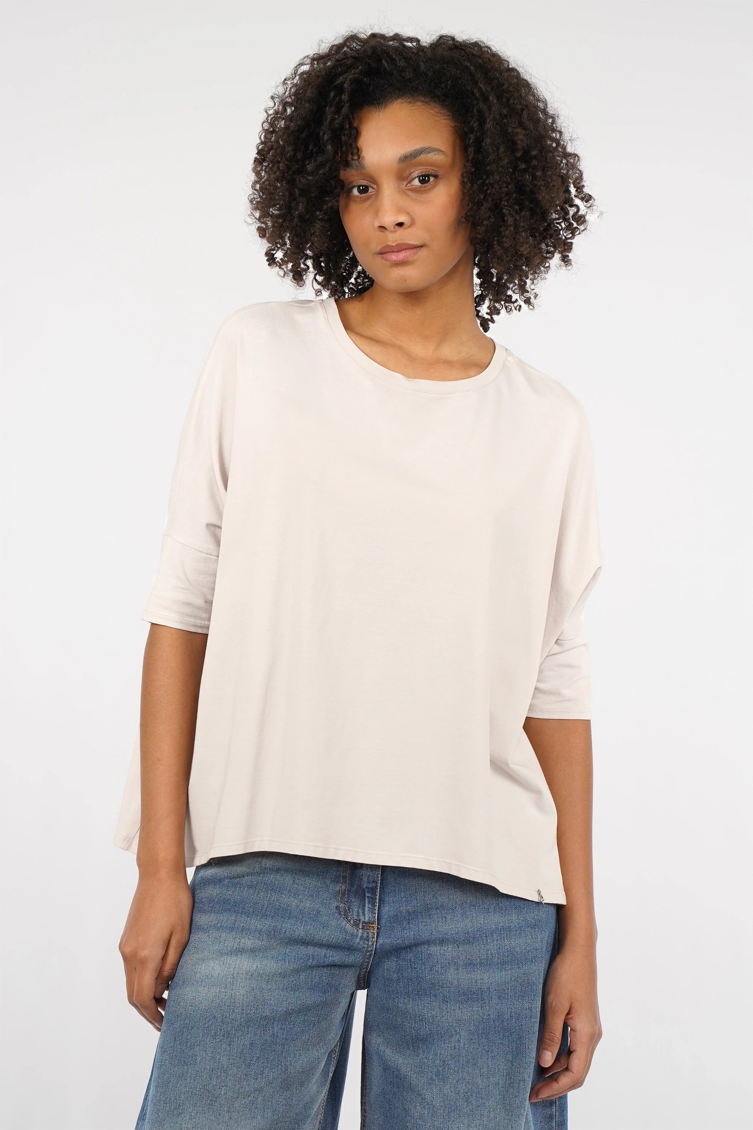 TAMI.K Blusenshirt lockeres Baumwollshirt in Kastenform mit Rundhals und relaxed Schnitt