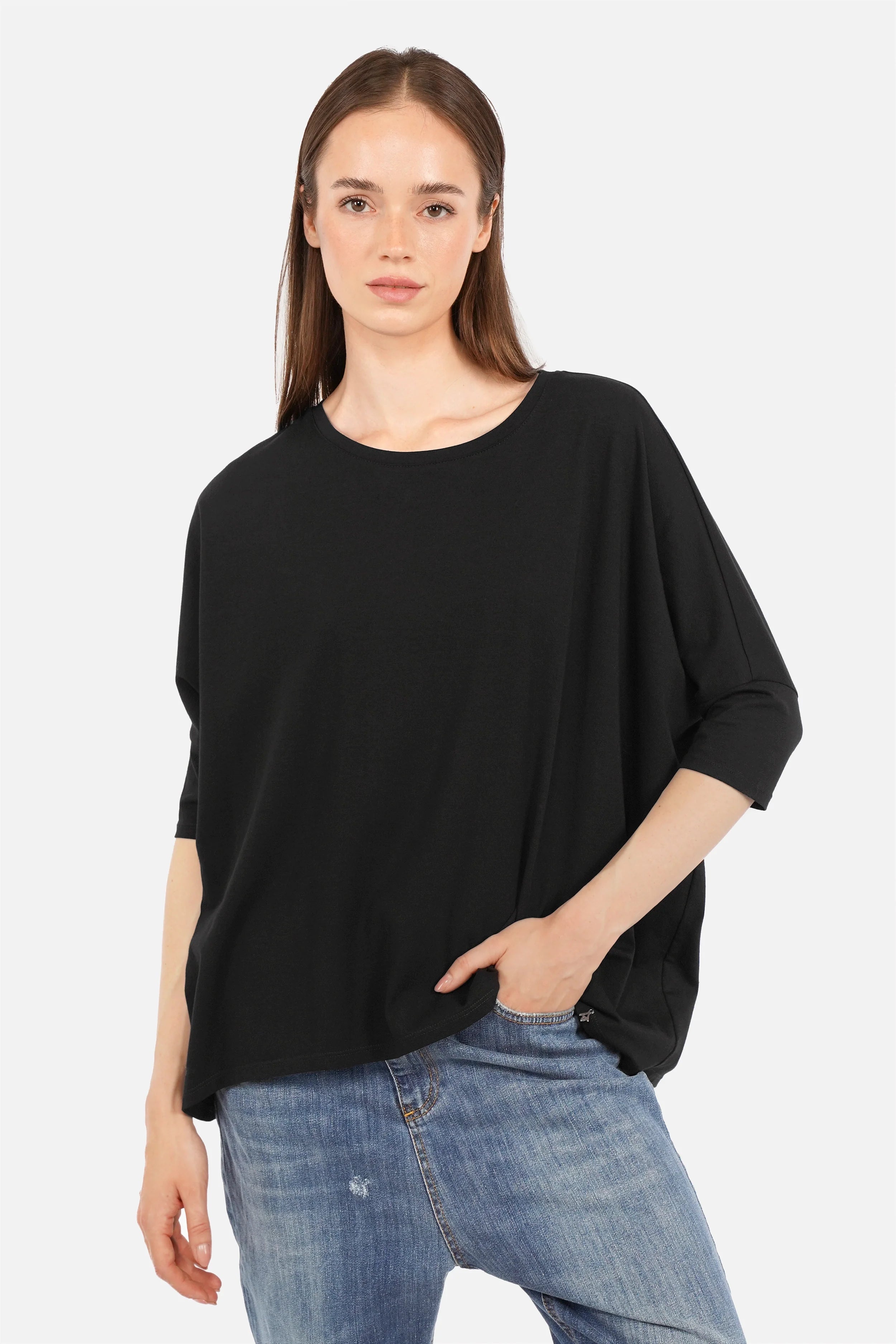 TAMI.K Blusenshirt aus hochwertiger Baumwolle mit Rundhals, relaxed Schnitt und weiter Kastenform in tiefen Farben