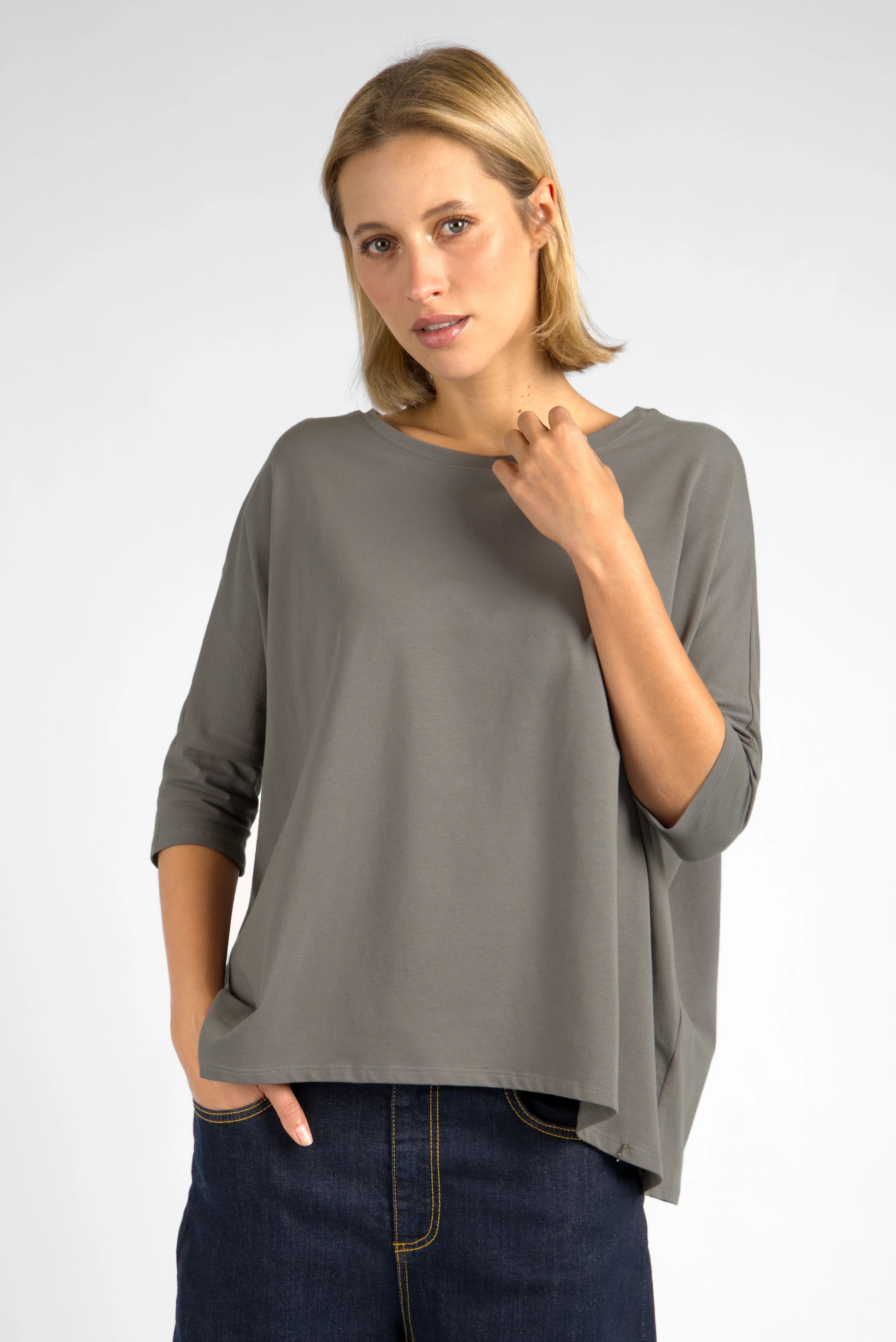 Damen TAMI.K Blusenshirt in weiter Kastenform aus hochwertiger Baumwolle mit Rundhals und 3/4-Ärmeln