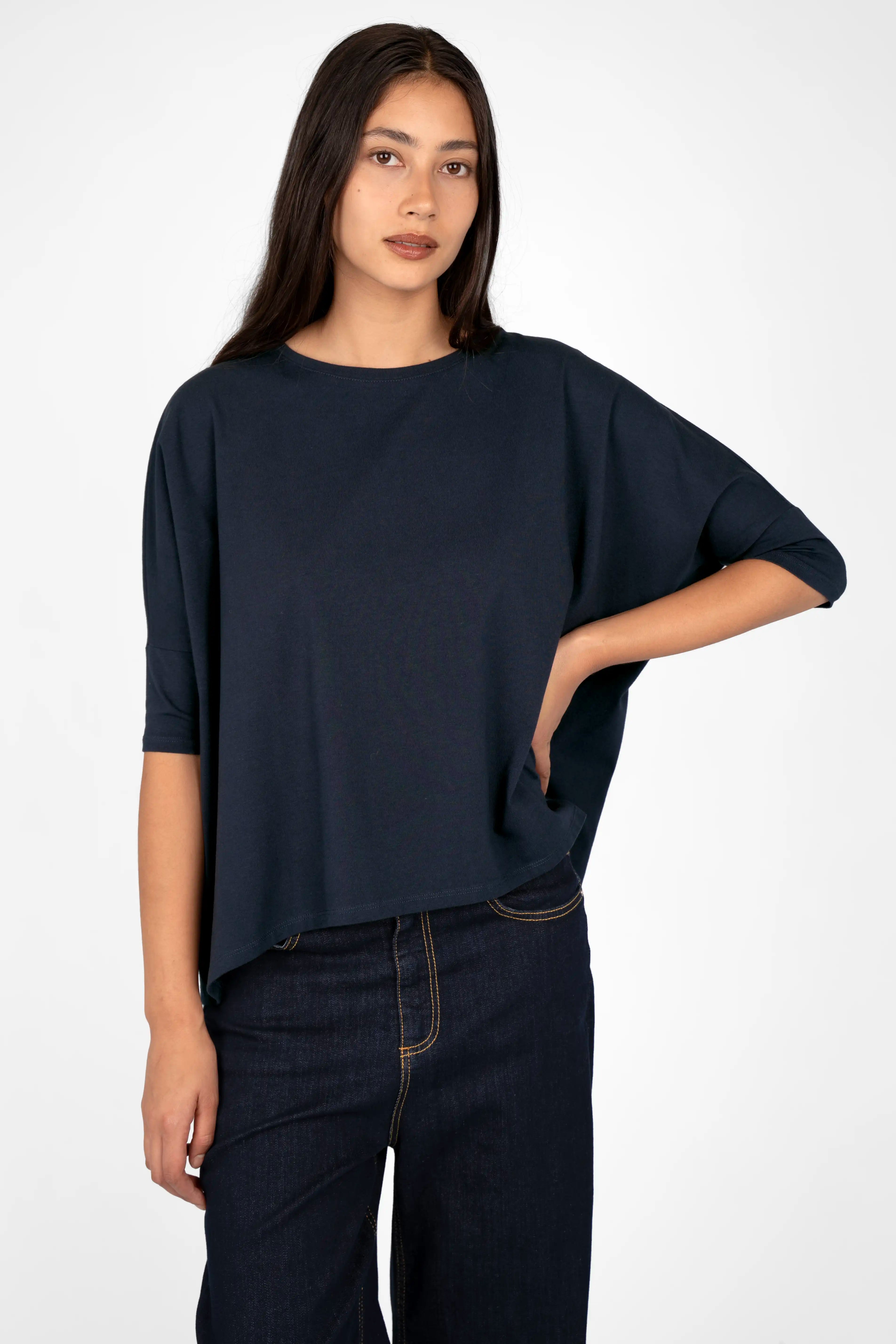 TAMI.K Blusenshirt in loser Kastenform aus hochwertiger Baumwolle mit Rundhals und weitem Schnitt in Dunkelblau