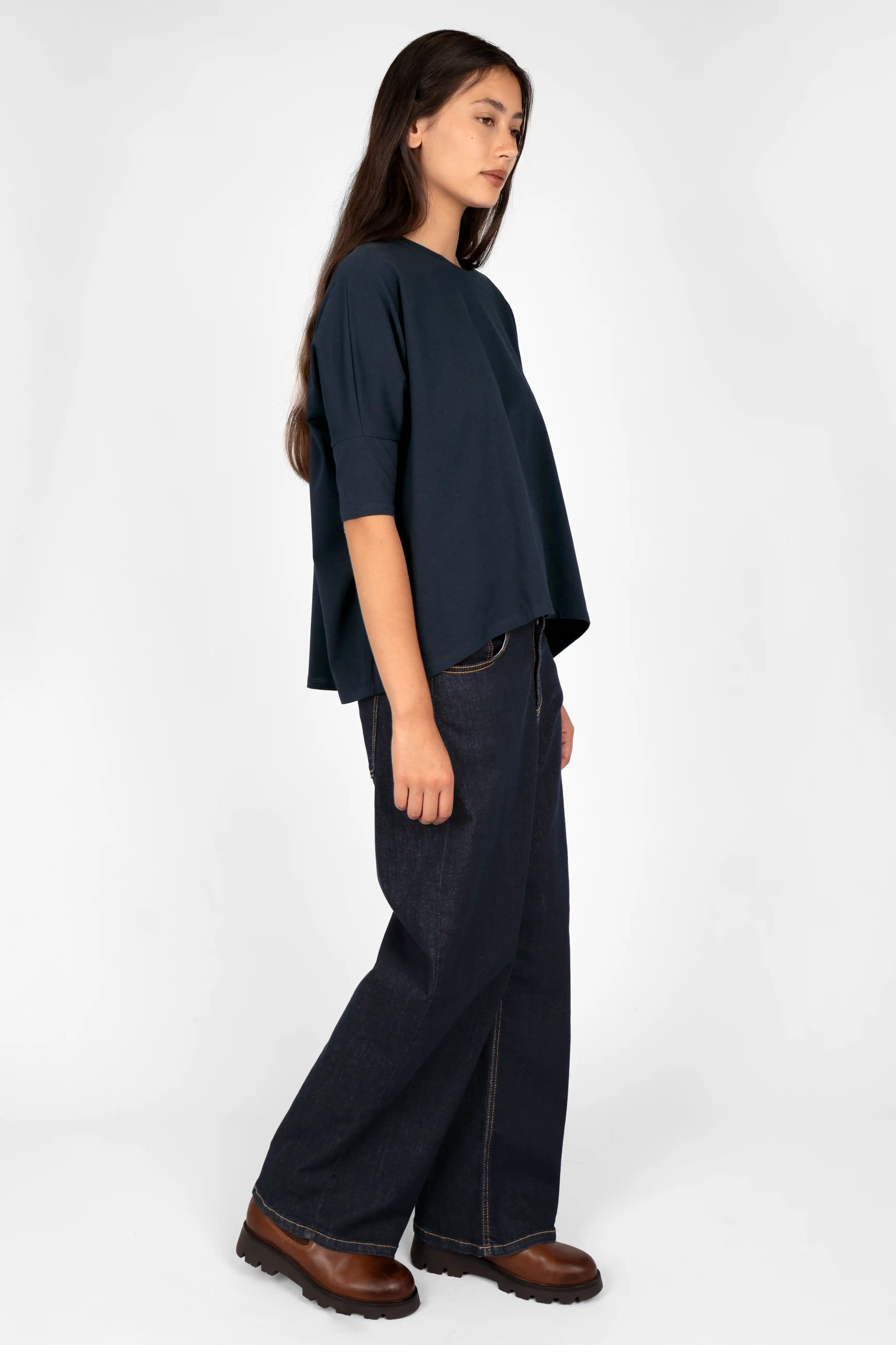 TAMI.K Blusenshirt locker fallendes Shirt Kastenform Rundhals weicher Baumwollstoff dunkelblau lässiger Schnitt