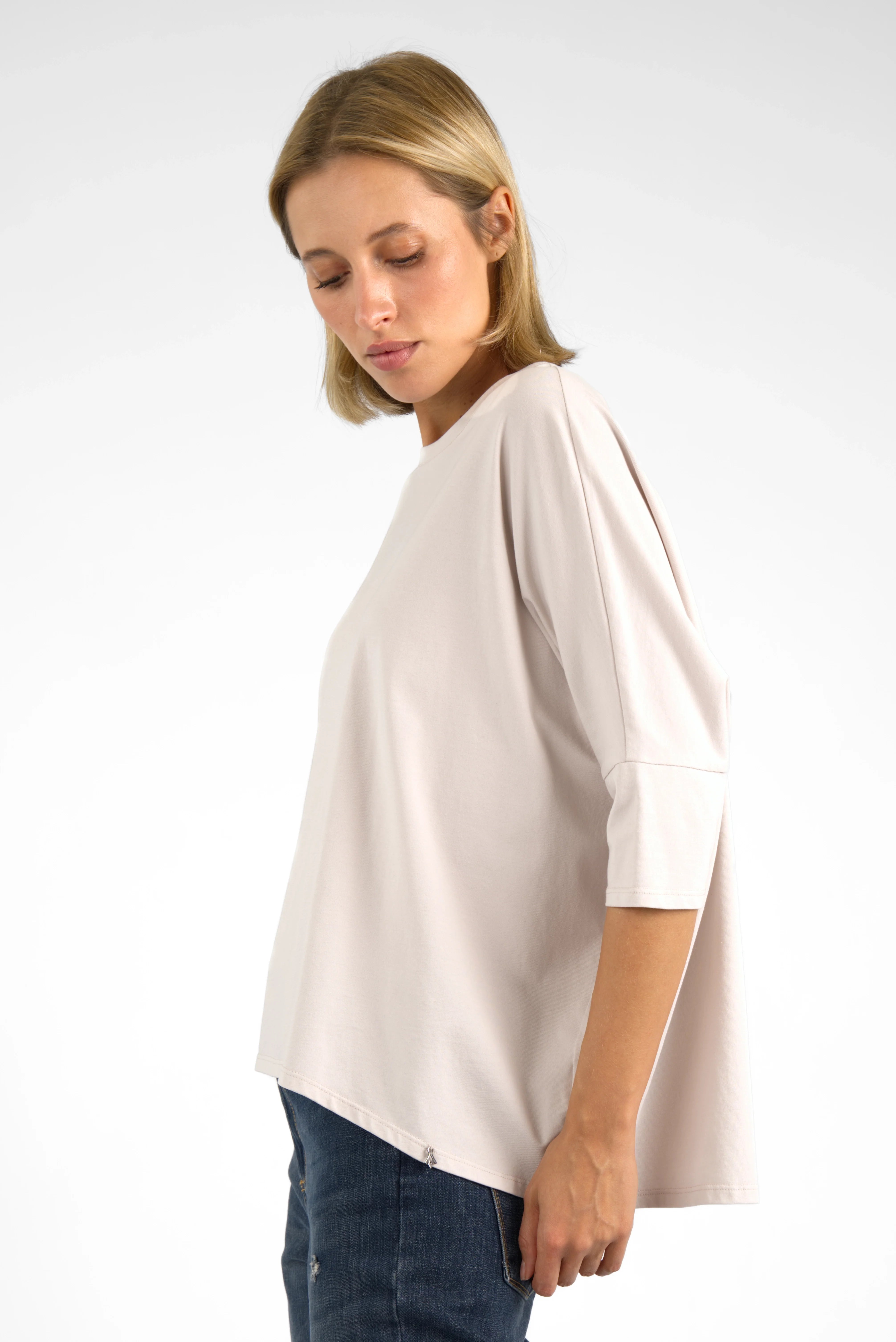 TAMI.K Blusenshirt in weiter Kastenform aus hochwertiger Baumwolle mit Rundhals und 3/4-Ärmeln in hellem Beige
