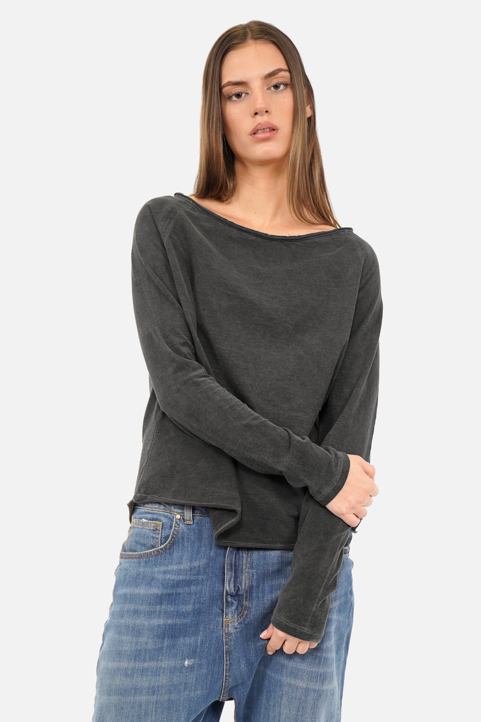 TEHI Longsleeve aus fiammato-Baumwolle mit Slub-Jersey, Rundhalsausschnitt und extralangen Raglanärmeln in Regular Fit