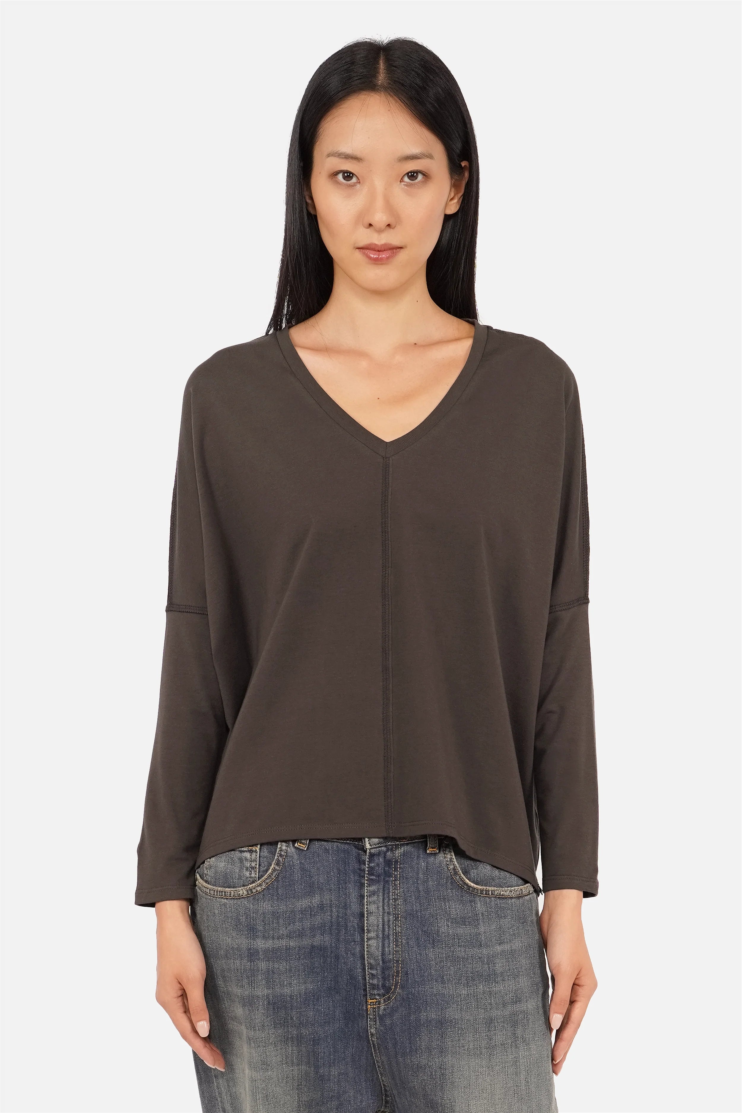 TIDA Blusenshirt Langarm aus hochwertiger Baumwolle mit V-Ausschnitt und weitem Relaxed Fit