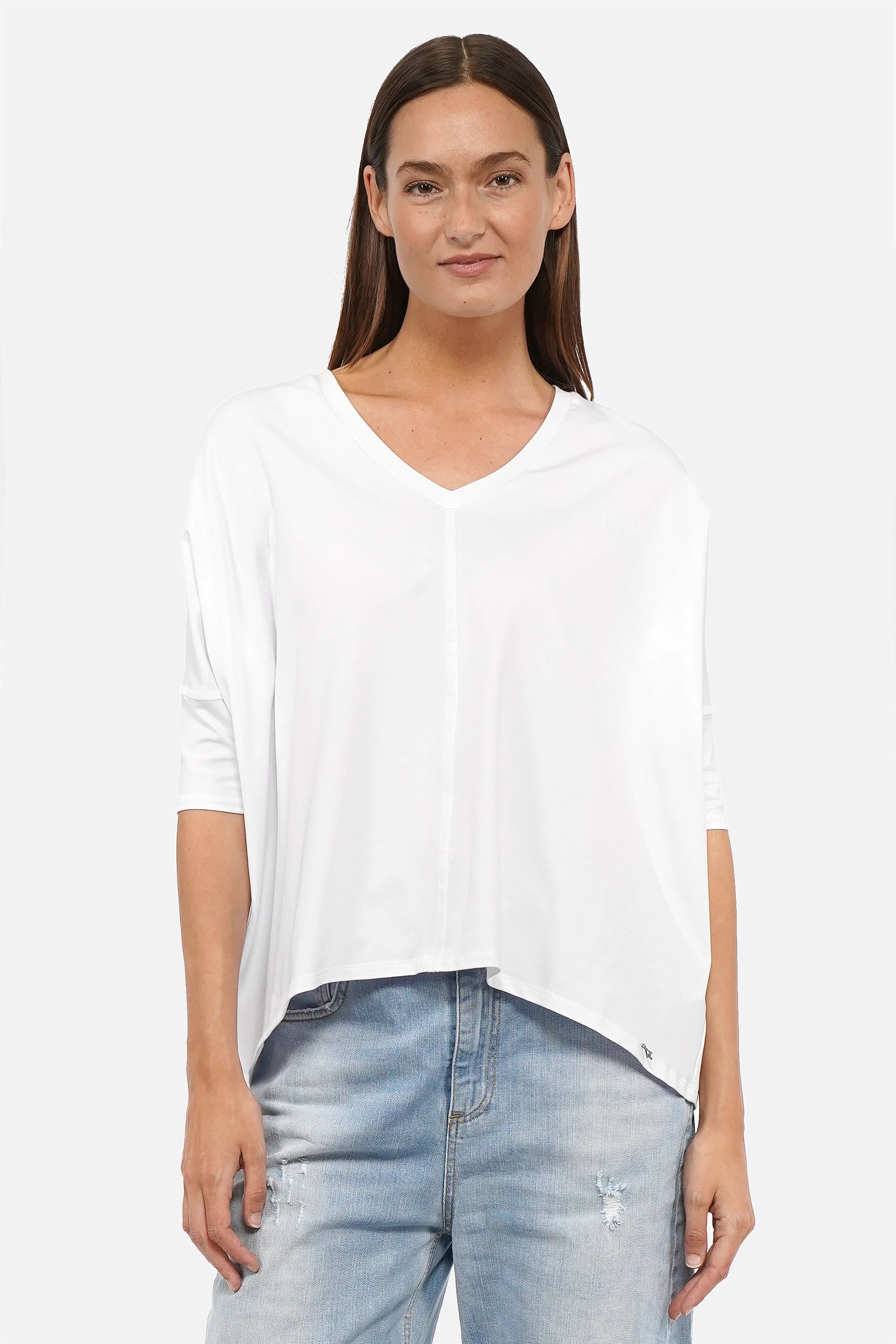 Locker fallendes Blusenshirt mit V-Ausschnitt und weitem Kastenform-Schnitt aus hochwertiger Baumwolle