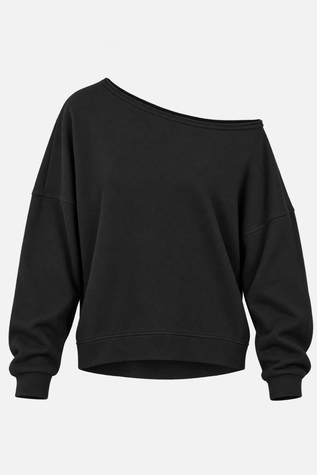TIMAJ schwarzer One-Shoulder-Sweater mit weitem Ausschnitt, Vorderansicht als Freisteller