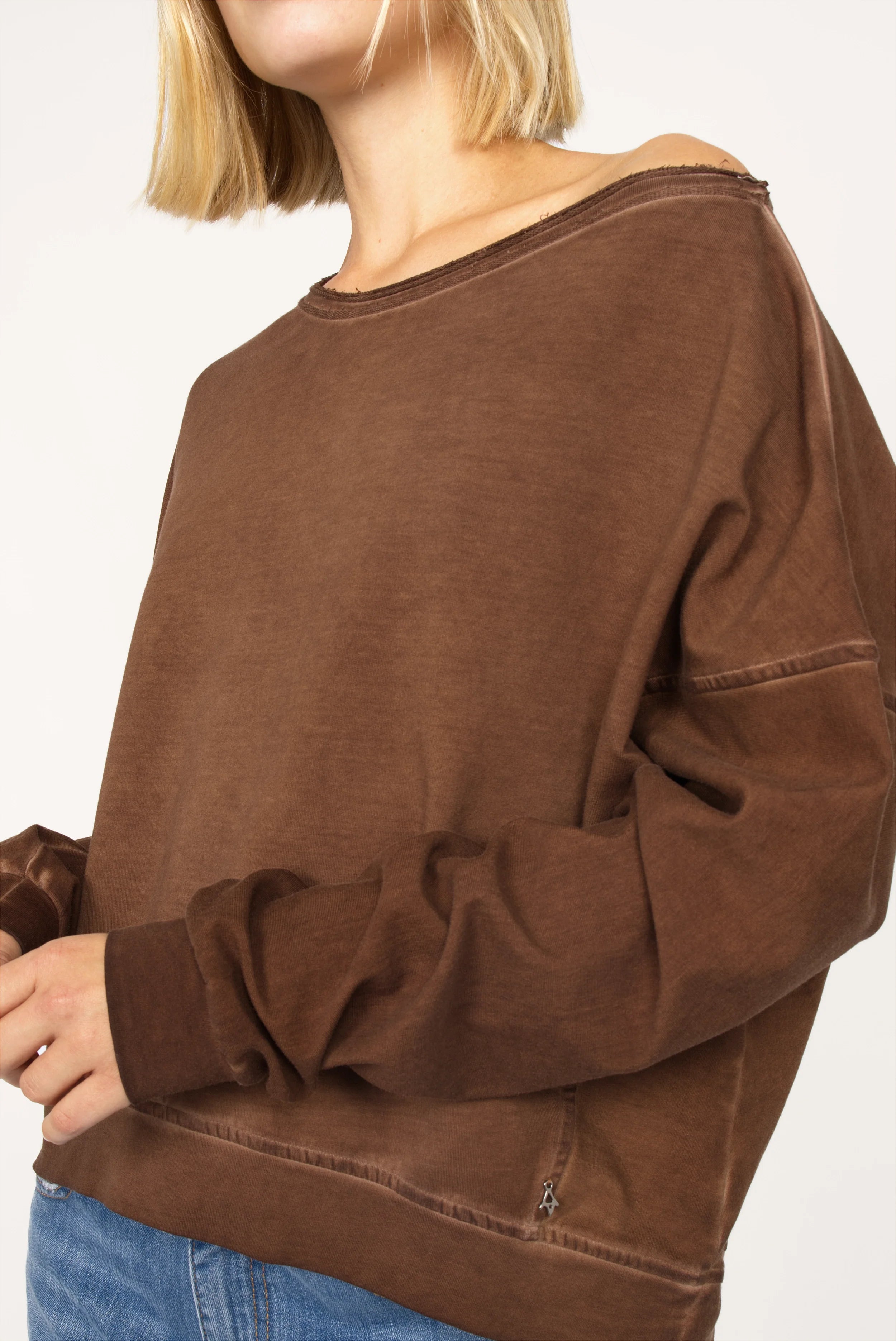 TIMAJ Revive One Shoulder Sweater in mocha vintage wash with loose fit and raw edge neckline