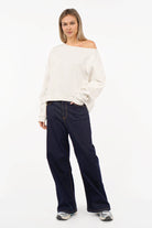 TIMAJ One Shoulder Sweater soft fabric loose fit with extended sleeves and open neckline in size S on model