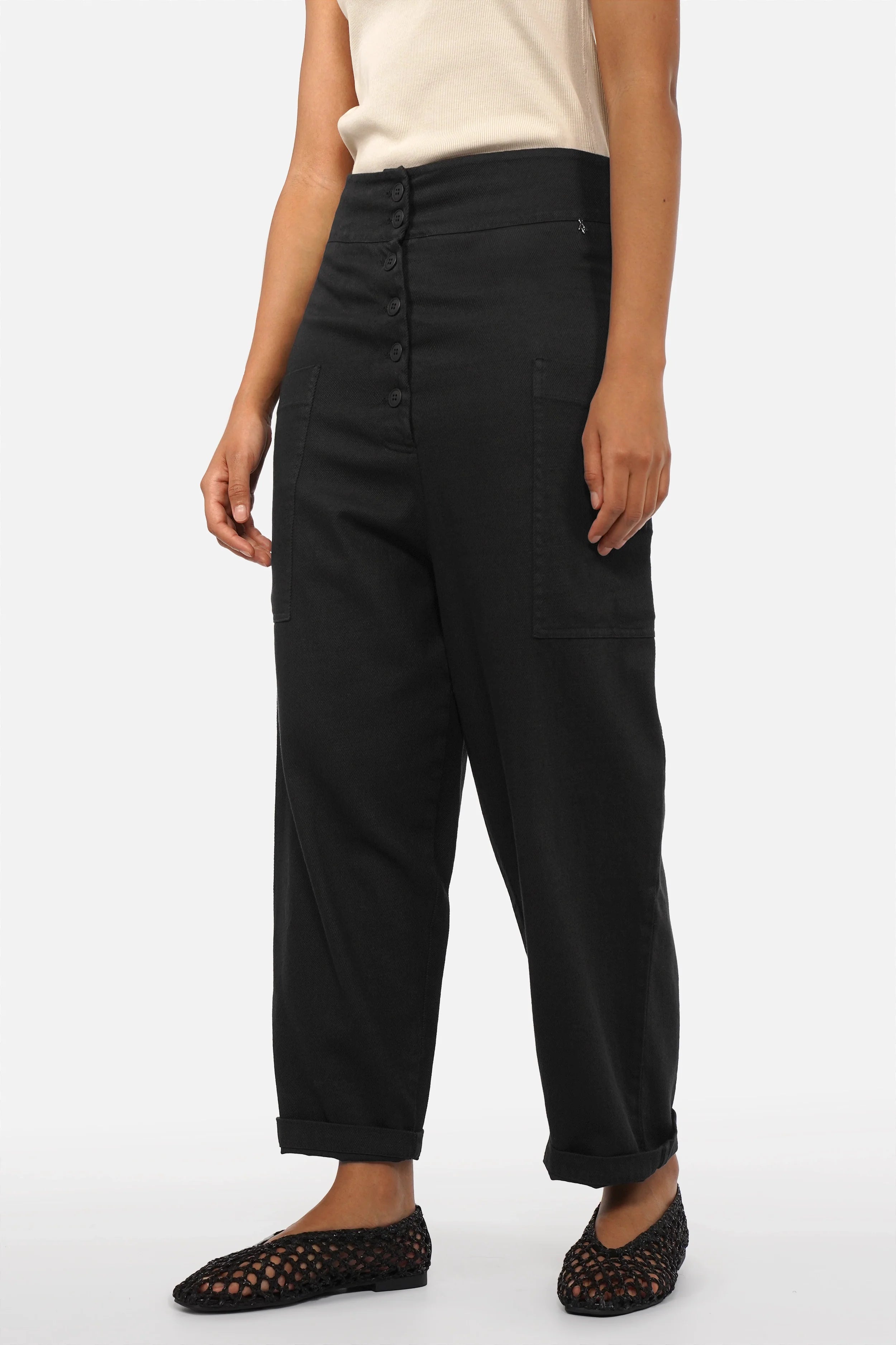 VIKADA Baggy Hose aus weicher Baumwolle im Denim-Look mit Knopfleiste und lässigem Baggy-Schnitt