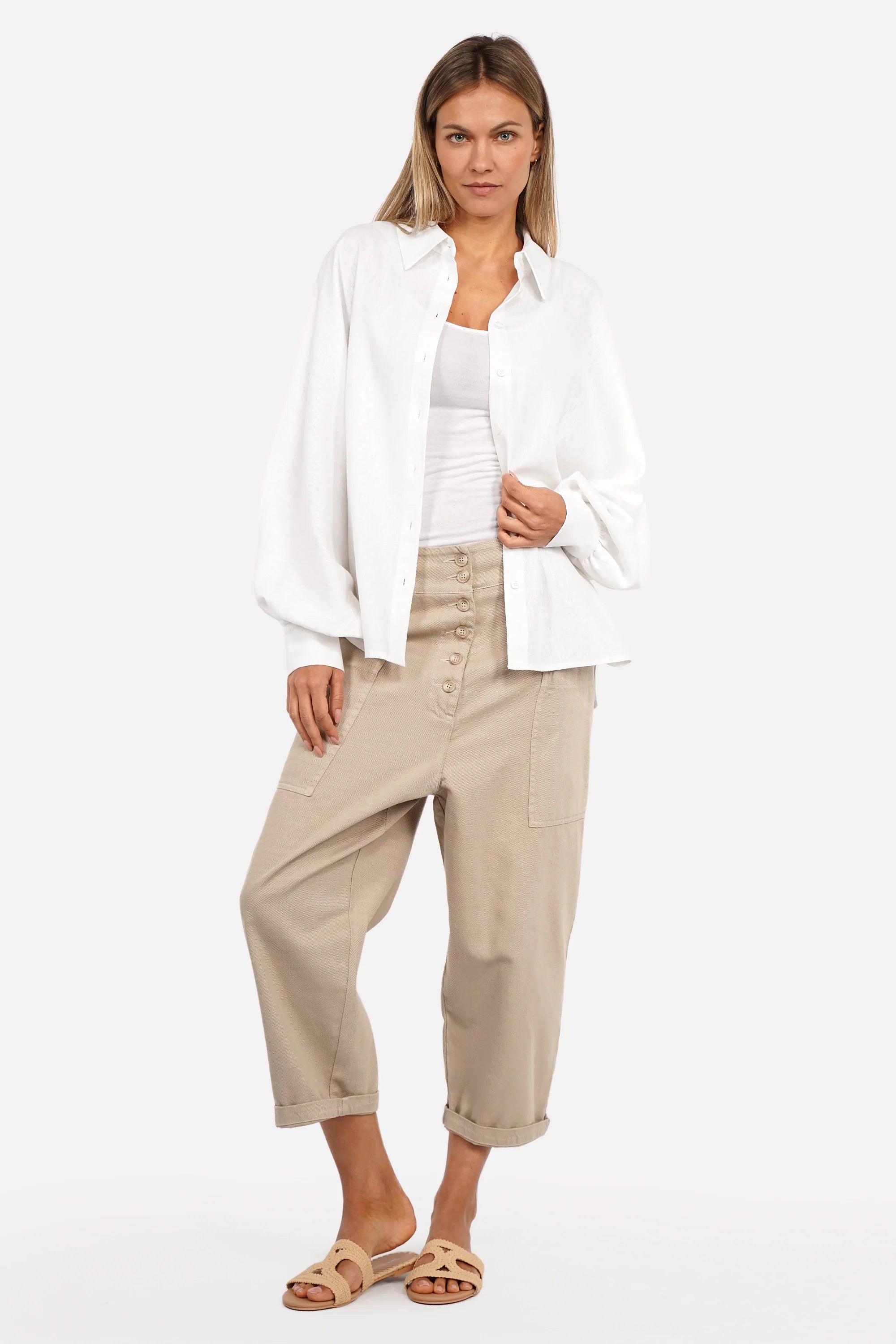 VIKADA Baggy Hose aus weicher Baumwolle im Denim-Look mit Knopfleiste und Seitentaschen, lässiger Loose Fit Baggy-Schnitt