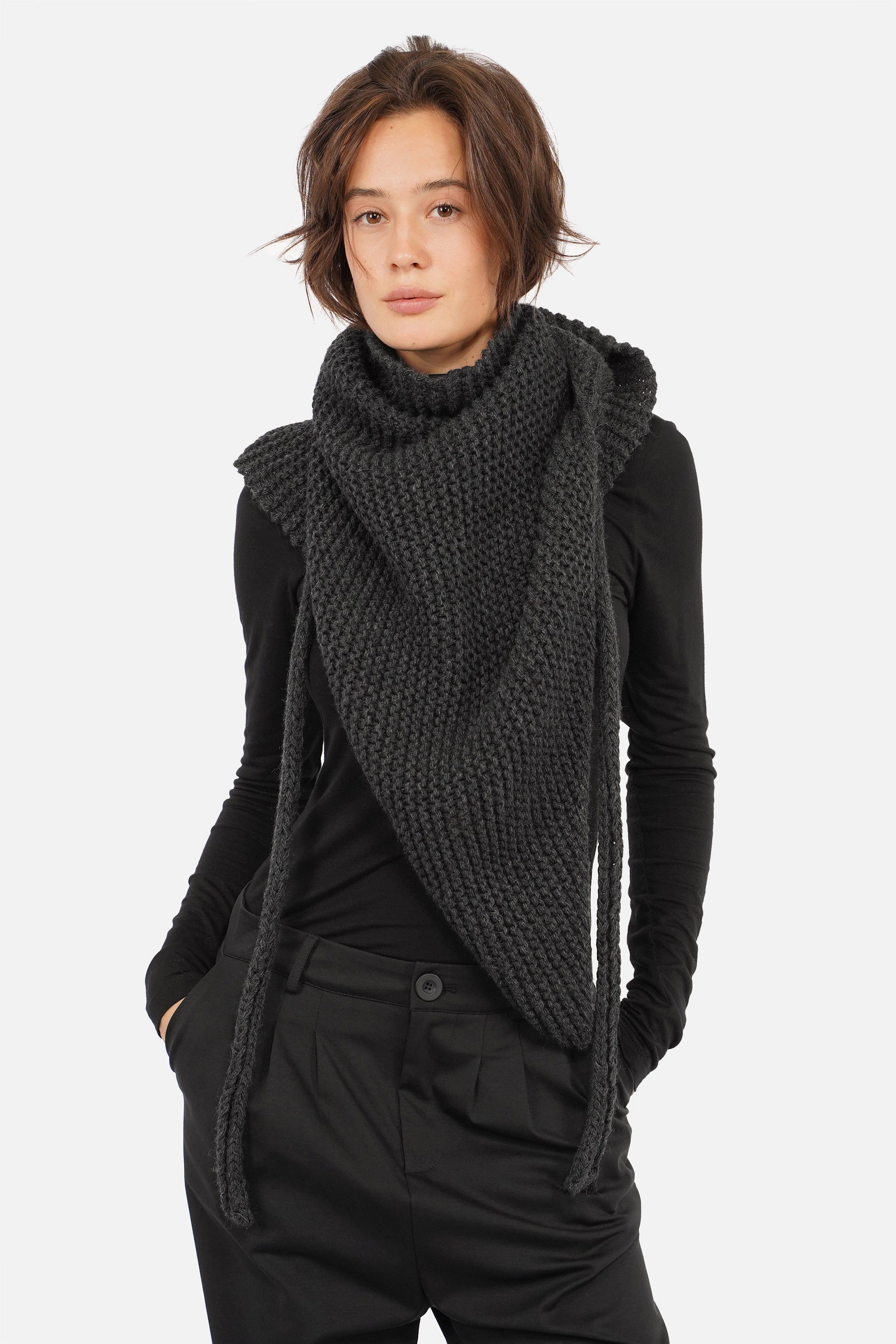 YVELI Chunky-Knit Triangle Scarf with Ties